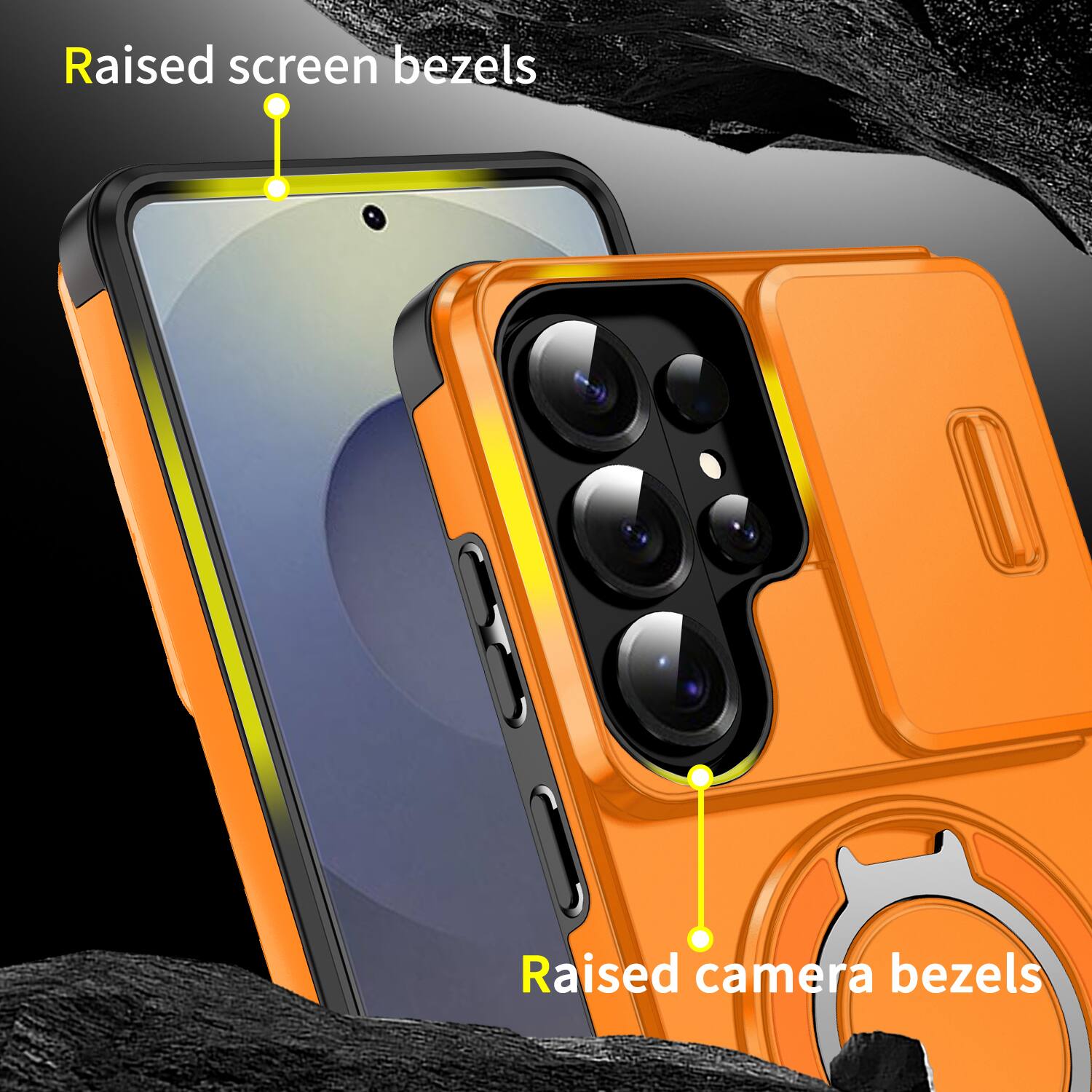 Raised screen bezels  
Raised camera bezels