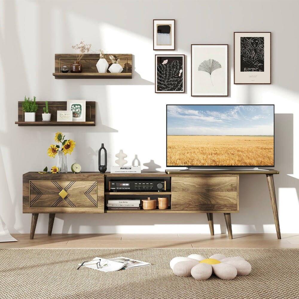Alt View 1. Kadyn - Mid-Century Modern Media Console for TVs Up to 85 Inches with Open Shelves, Walnut - Brown.