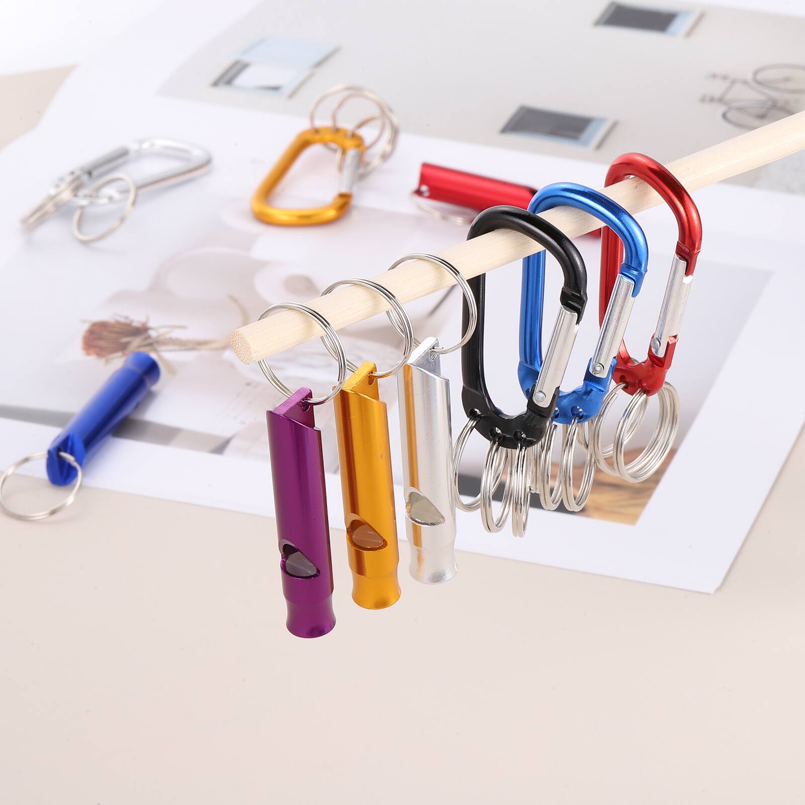 Alt View 5. Unique Bargains - 3.5" Aluminum Clasp Clips, 6pcs D Shape Spring Snap Hook Buckle Keychain w/ 6 Whistles & 18 Rings for Backpack - Silver.