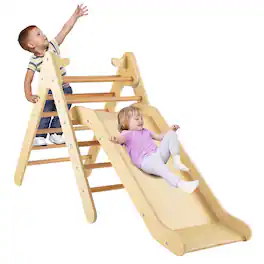 Gymax - 2-in-1 Wooden Climbing Triangle Set Triangle Climber w/ Ramp - Natural