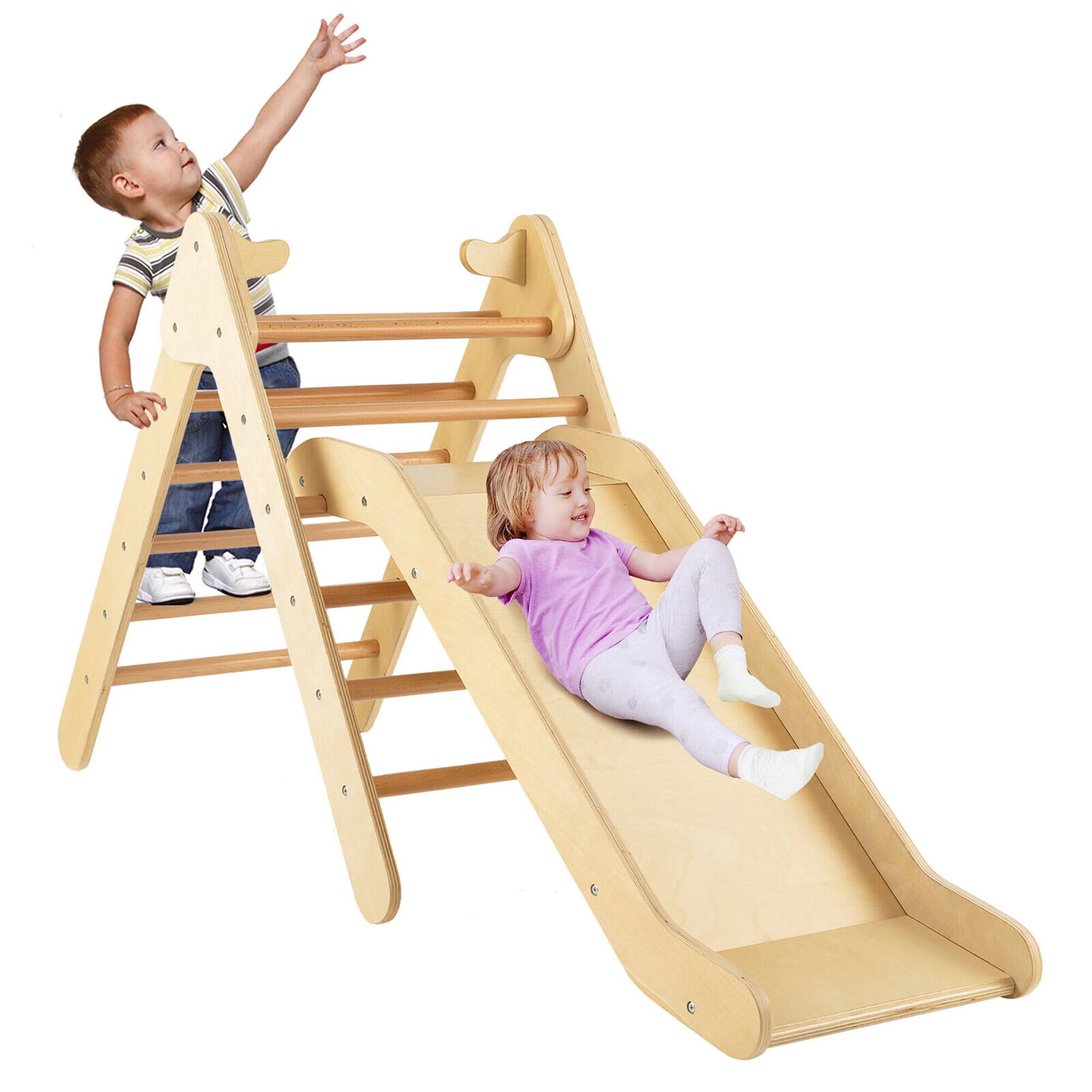 Alt View 4. Costway - Costway 2-in-1 Wooden Climbing Triangle Set Triangle Climber w/ Ramp - Natural.