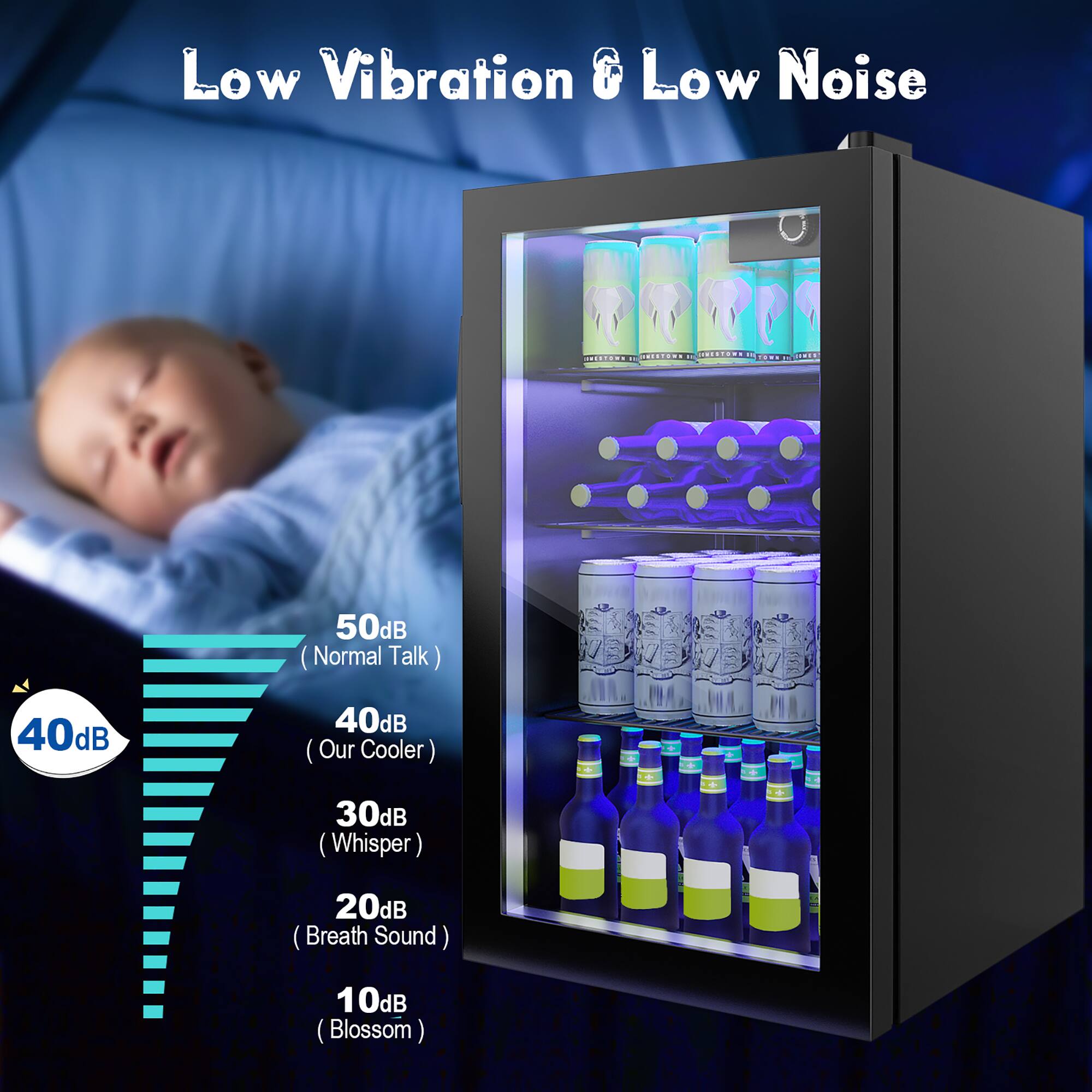 Low Vibration & Low Noise: 50dB (Normal Talk) 40dB (Our Cooler) 30dB (Whisper) - 20dB (Breath Sound) 10dB (Blossom)