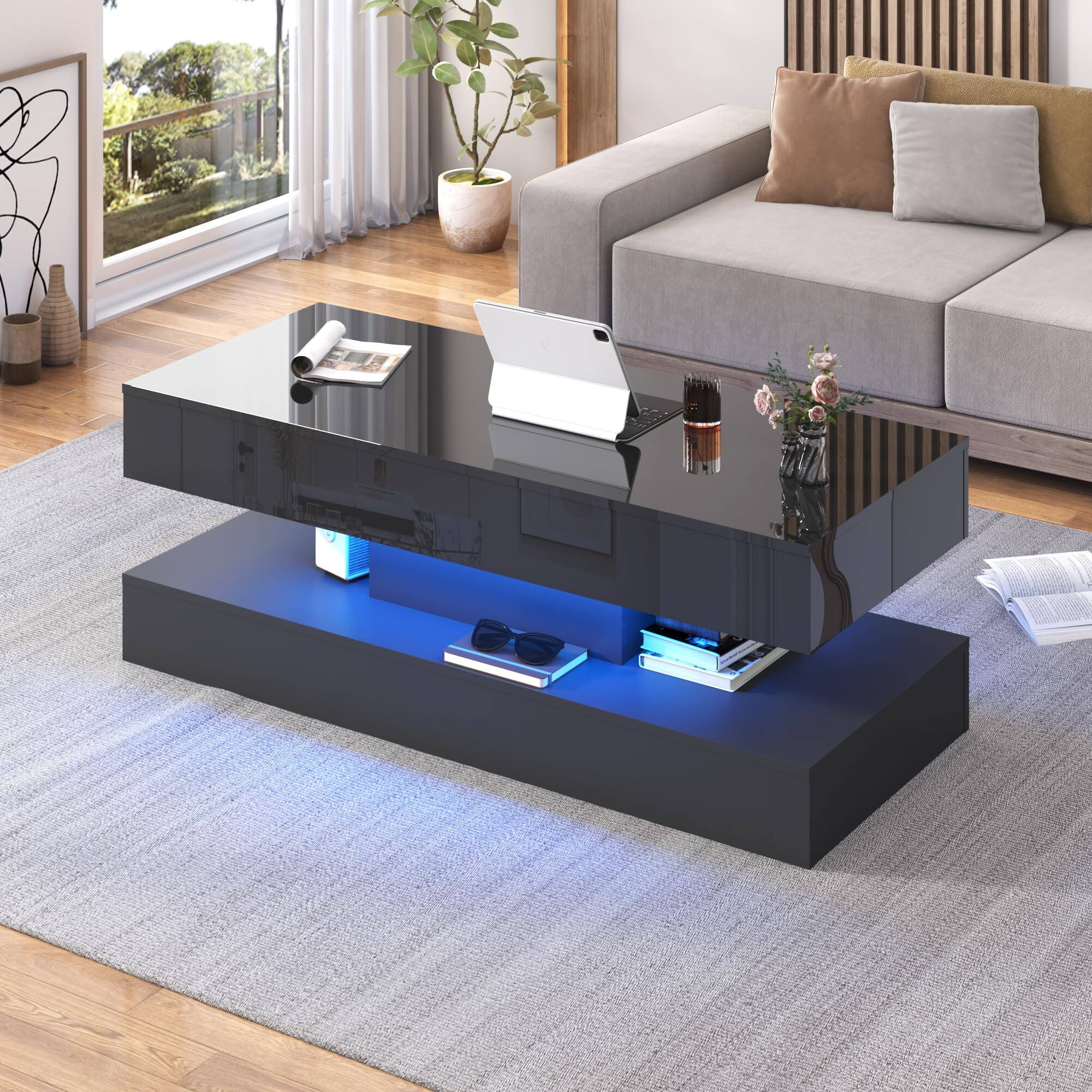 Left. Lent Glitter Wood - 47.2" Lift Top Coffee Table with LED Lights & Storage​ High gloss finish App-controlled lighting Multi-room use - Black.