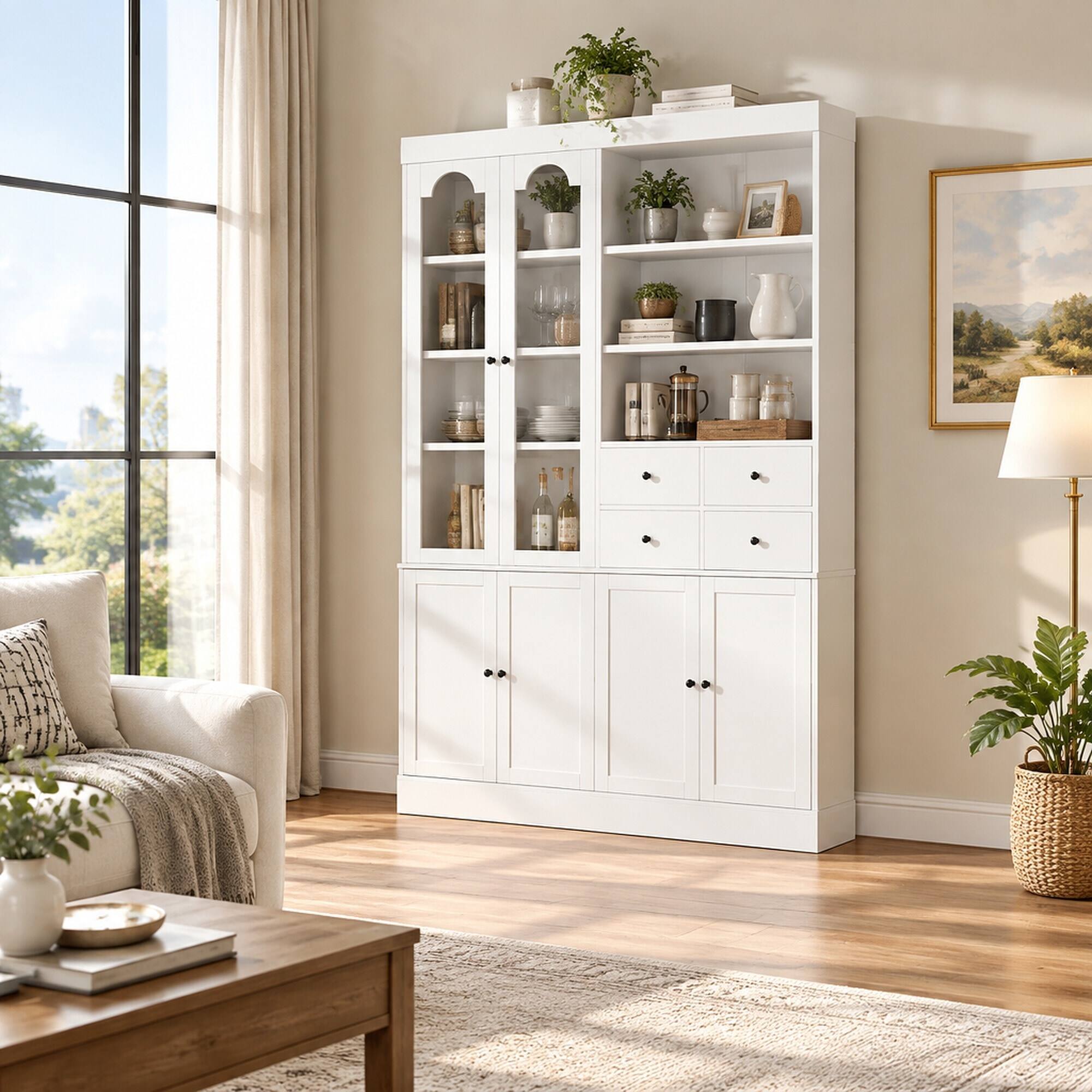 Back. RYHNUYNE - Freestanding Buffet with Hutch, Tall Kitchen Pantry Cabinet with 4 Drawers and Pull-Out Trays, White - White.