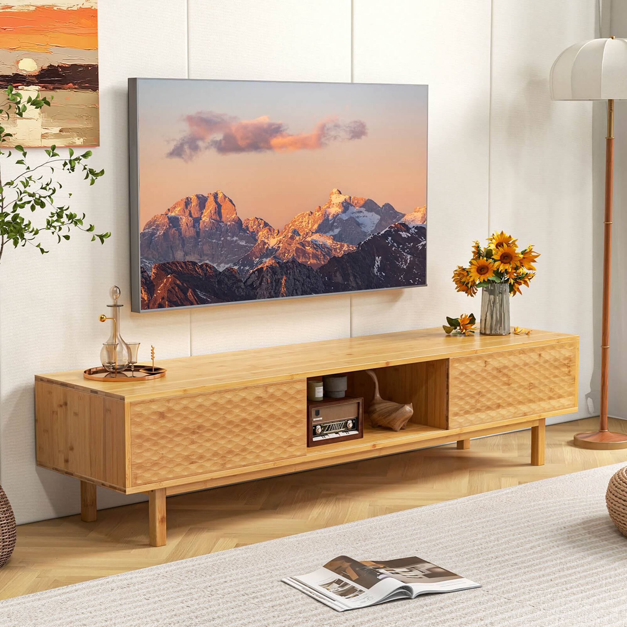 Alt View 13. Costway - 63" Bamboo TV Stand with 3 Storage Cubes Sliding Doors Mid Century Storage Cabinet - Natural.