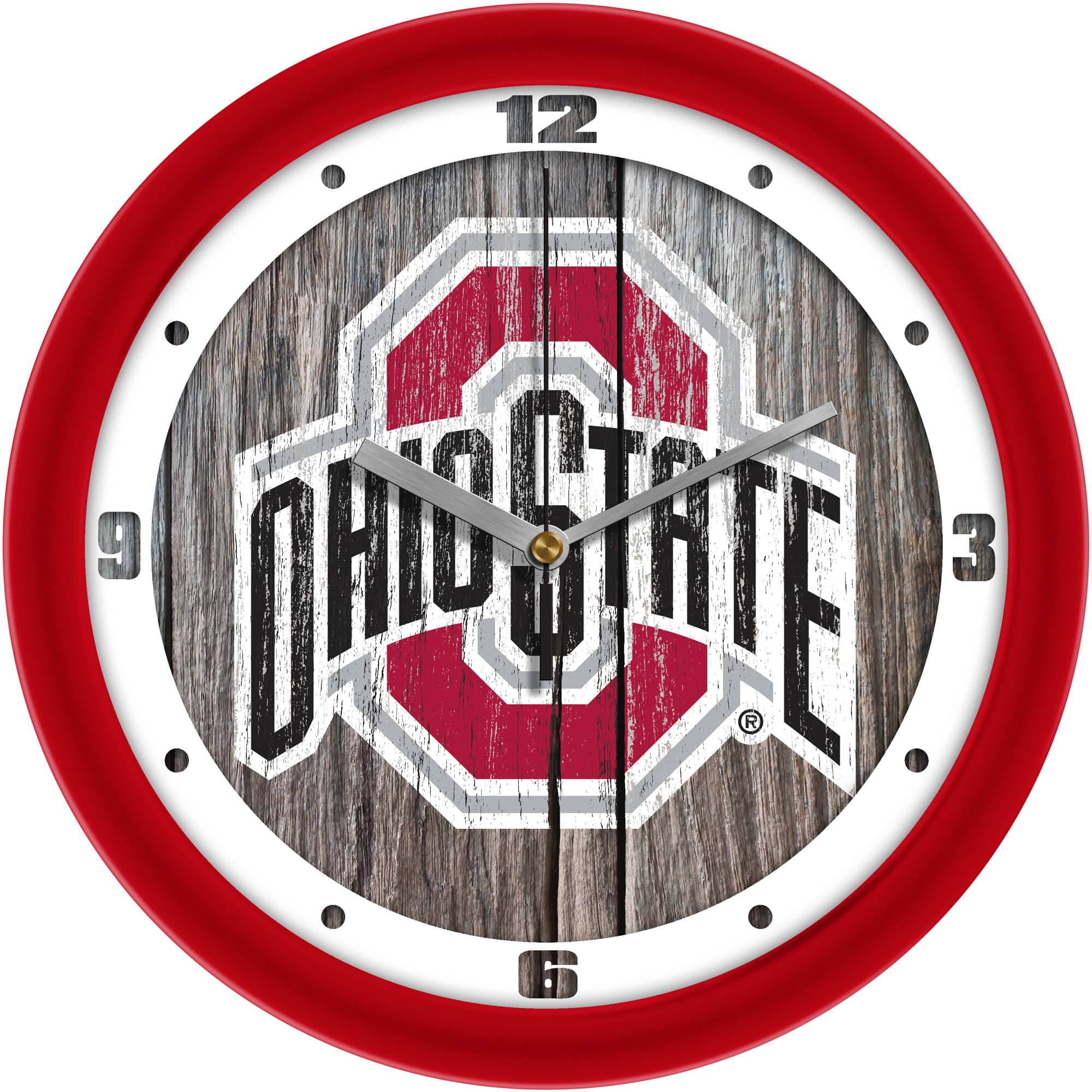 MpDirect - Ohio State Buckeyes 11.5'' Suntime Premium Glass Face Weathered Wood Wall Clock - Multicolor