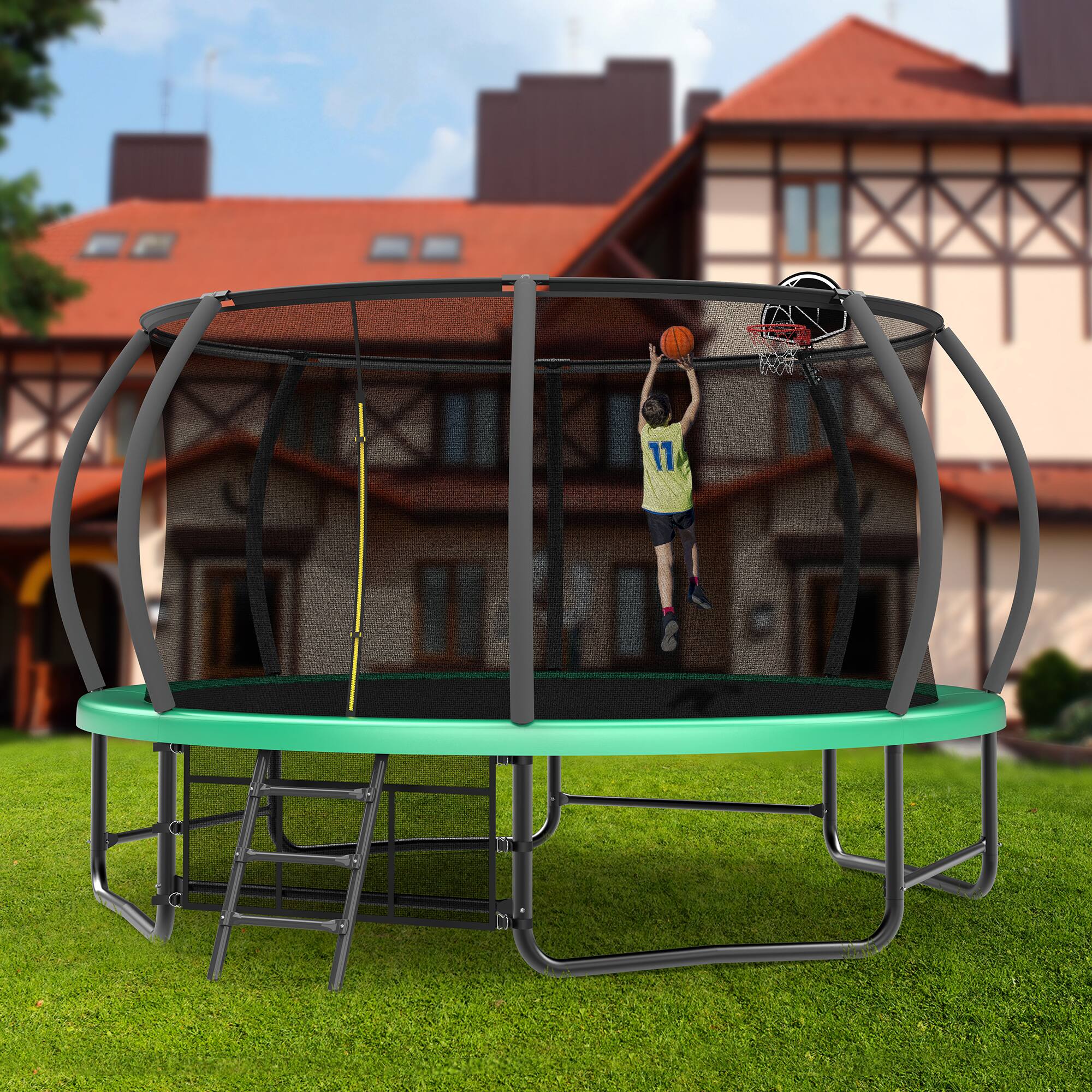 Alt View 2. Anysun - 14FT Outdoor Trampoline with Enclosure - Includes Ladder, Anti-Rust Coating, ASTM Approved for Backyard - Green.