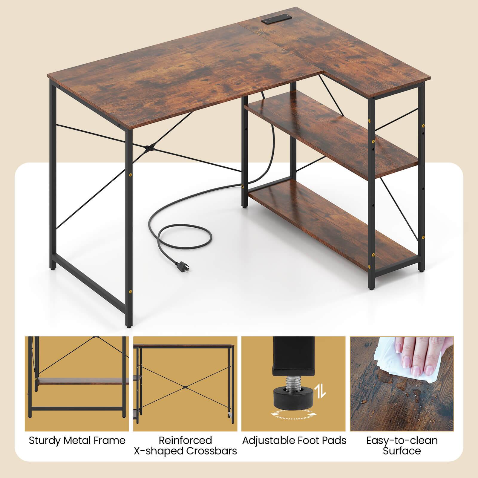 The image features a wooden desk with a metal frame, which has a shelf and a cable management system. The desk is designed with reinforced adjustable foot pads for added stability. The desk also has an X-shaped crossbar for easy-to-clean surfaces. The desk is made of sturdy metal, ensuring durability and long-lasting use.