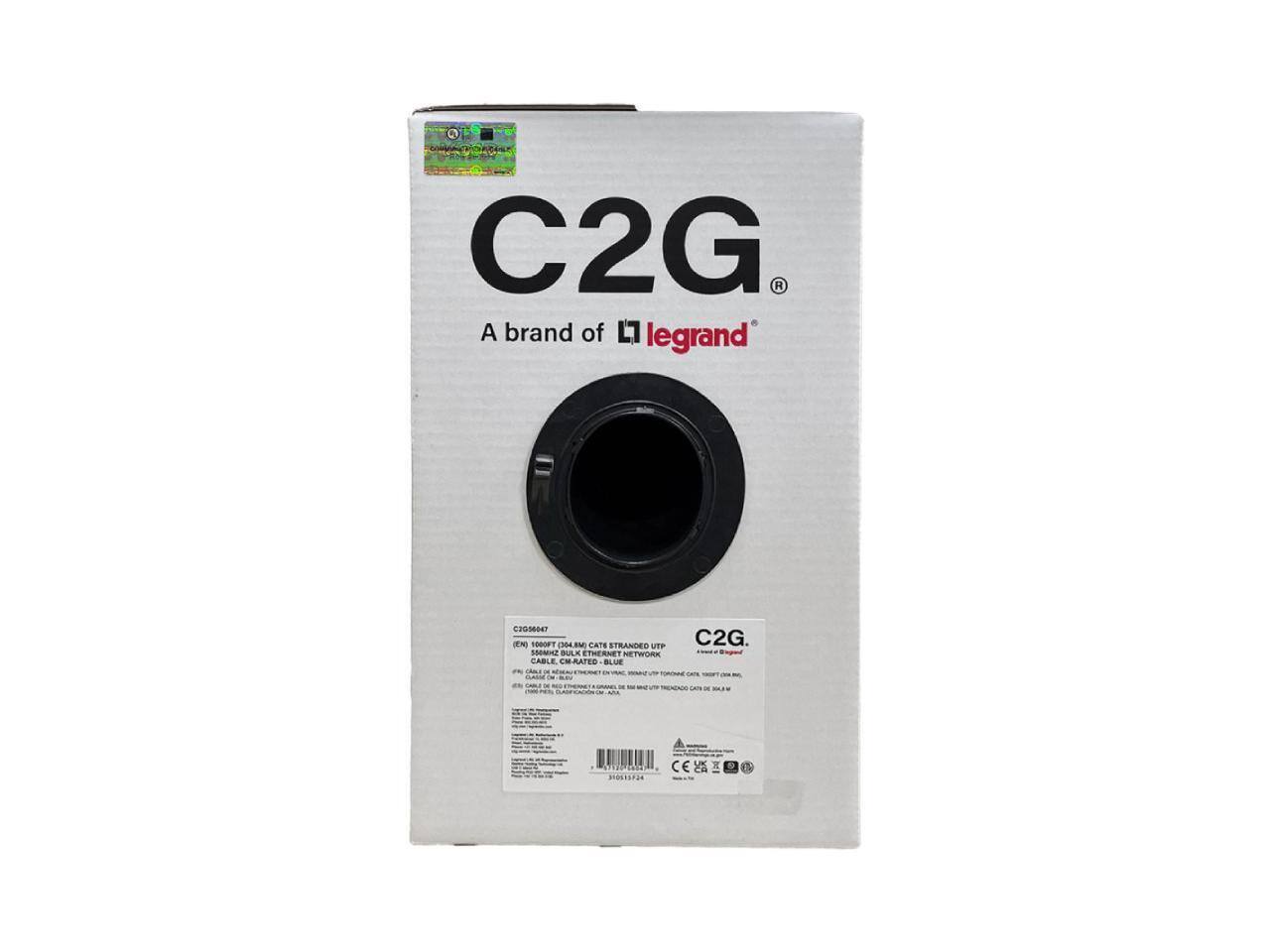 C2G  
A brand of legrand  

C2006047 (EN) 1000PT (304.8M)  
CATE STRANDED UTP ETHERNET NETWORK CABLE CM-RATED BLUE  

C2G  
310535F24  
CE
