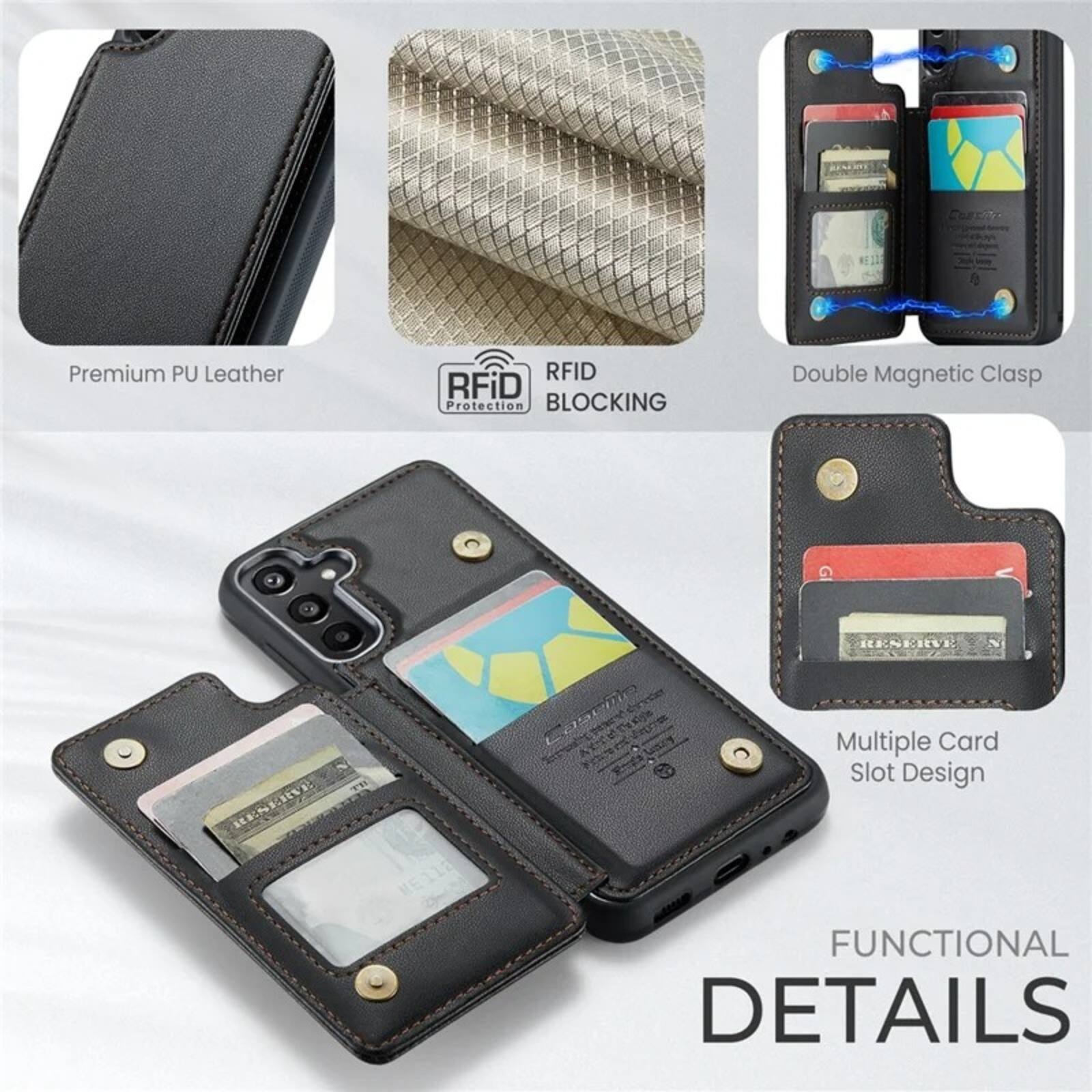 Premium PU Leather  
RFID Protection BLOCKING  
Double Magnetic Clasp  
Multiple Card Slot Design  
FUNCTIONAL DETAILS
