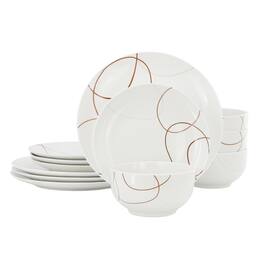 Elama - Sydney 12 Piece Porcelain Dinnerware Set, Service for 4 - White and Brown