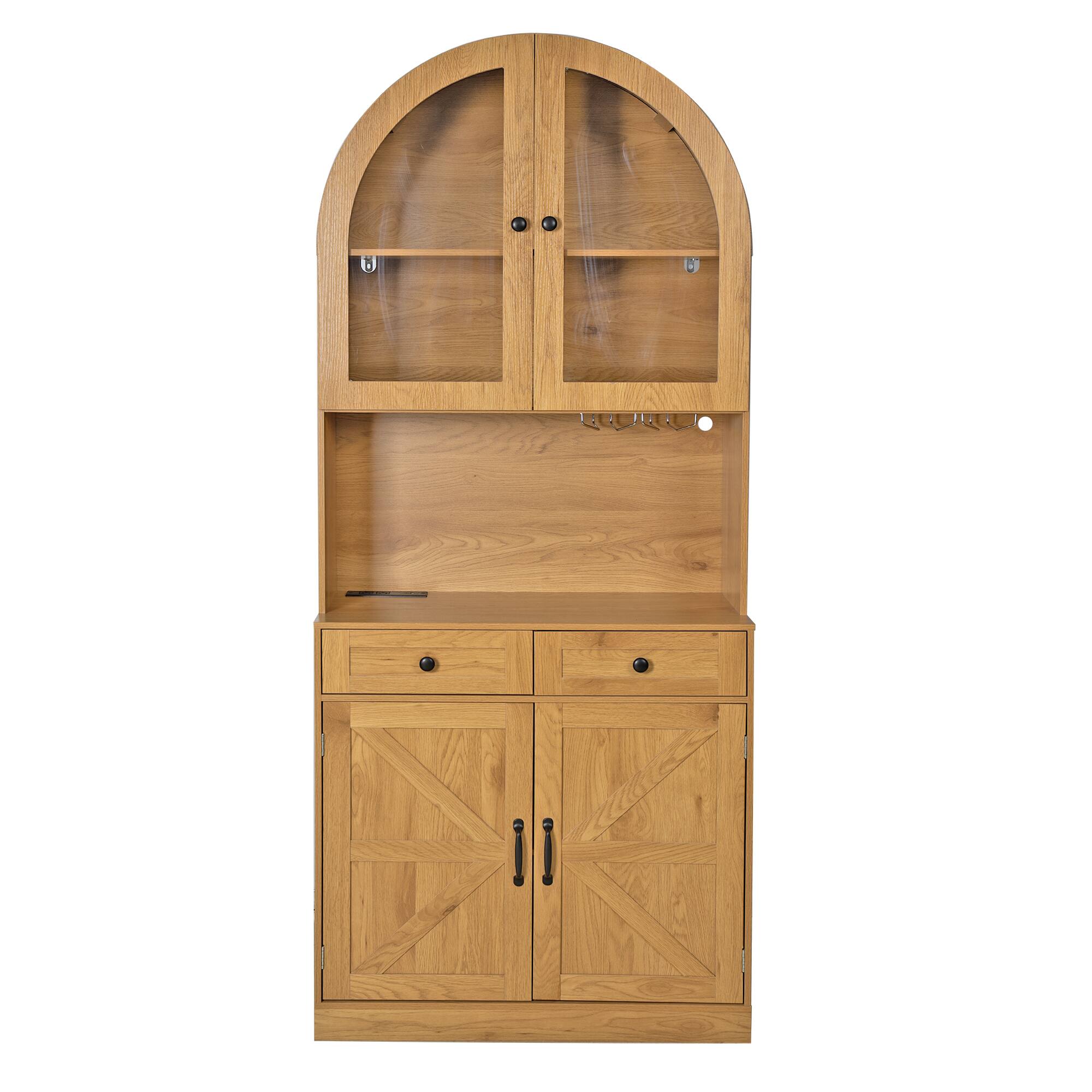 Alt View 8. Loheer - Loheer Farmhouse Pantry Cabinet, 75 Inch Oak Coffee Bar Cabinet with Charging Station, Glass Doors, Adjustable Shelves - Oak.