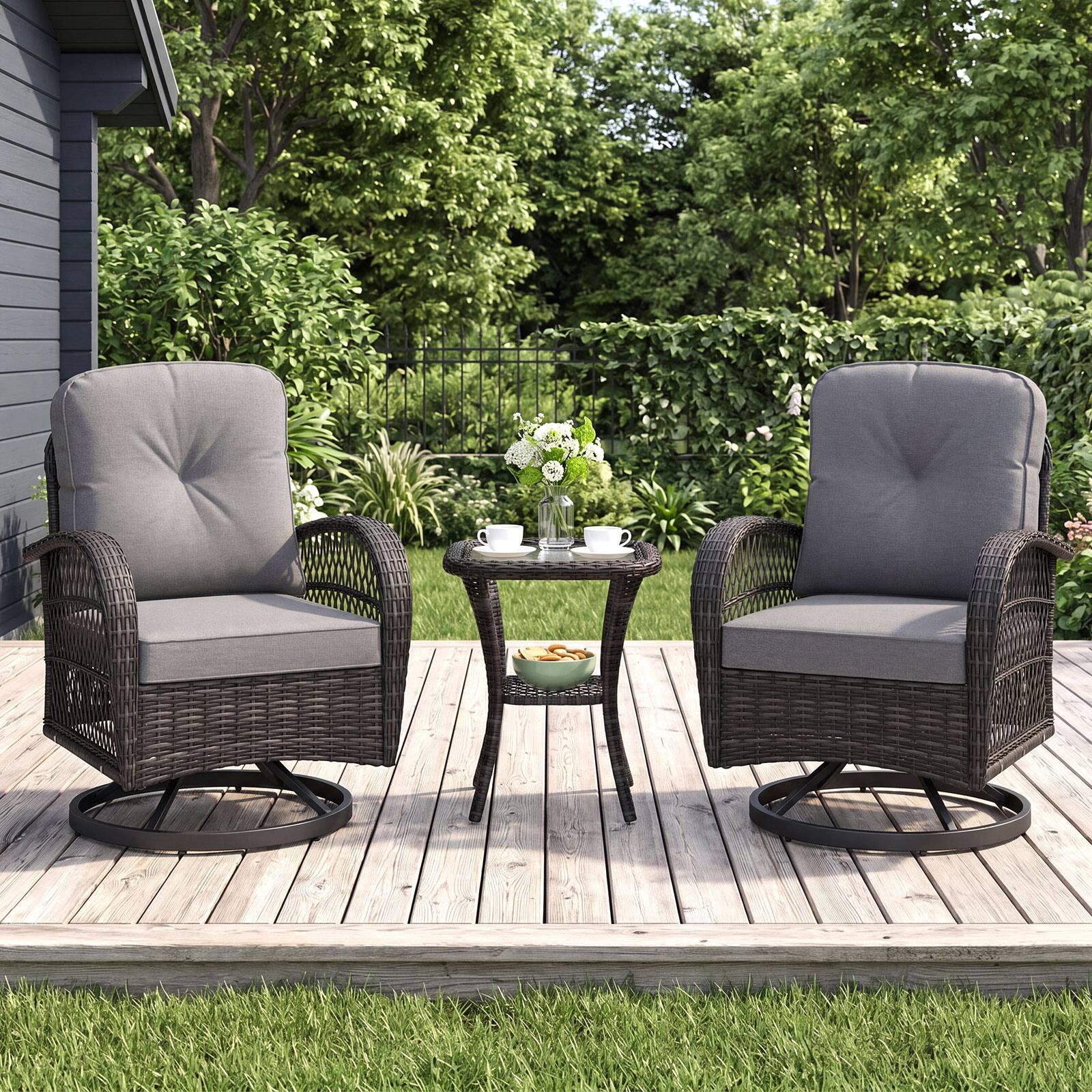 Alt View 3. Costway - Costway 3PCS Patio Swivel Rocker Set Gliding Bistro Furniture Set with Tempered Glass Table - Gray.