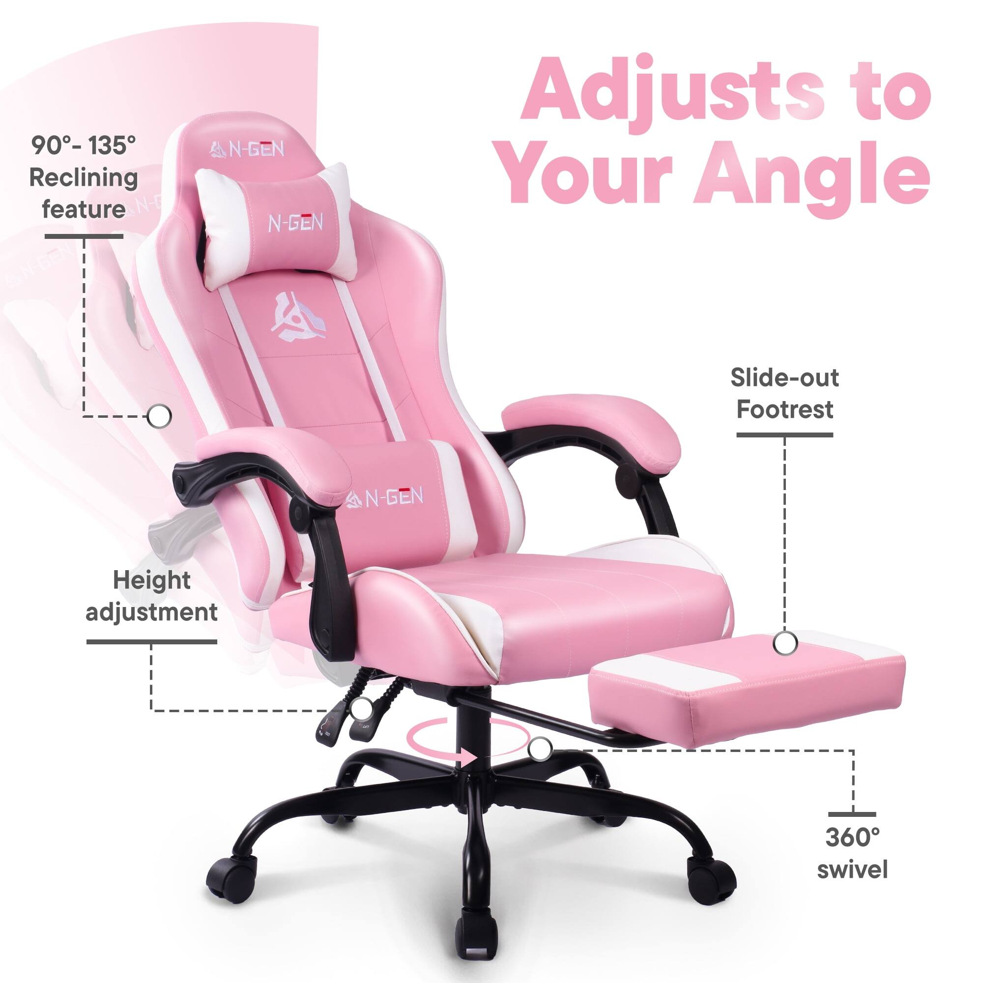 90° - 135° Reclining feature  
Adjusts to Your Angle  
Slide-out Footrest  
Height adjustment  
360° swivel