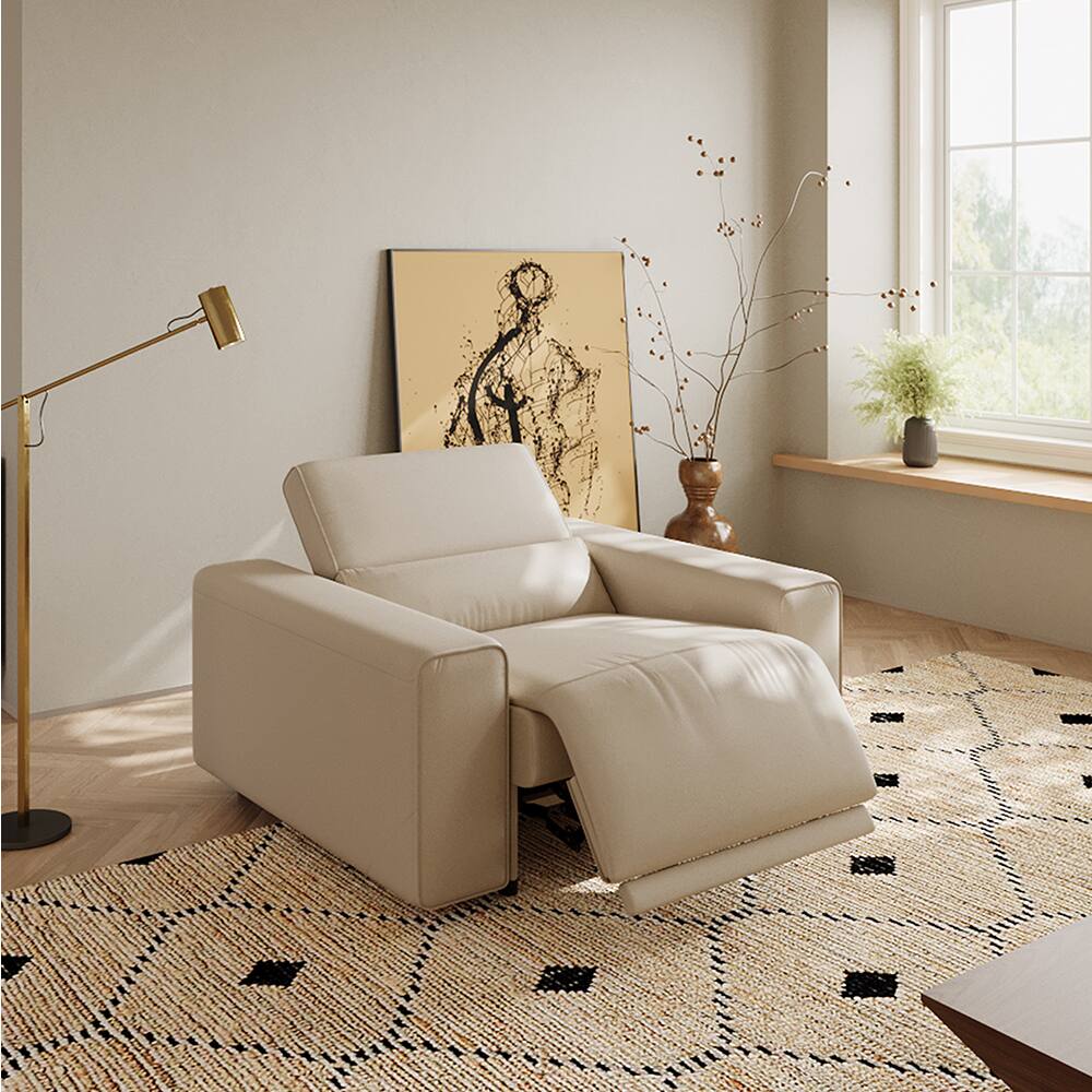 Left. POVISON - 48" Modern Power Reclining Sofa with Adjustable Headrest, Electric Couch ReclinerUSB/USB-C Charging Port,Black - Beige Sustainable Leather.