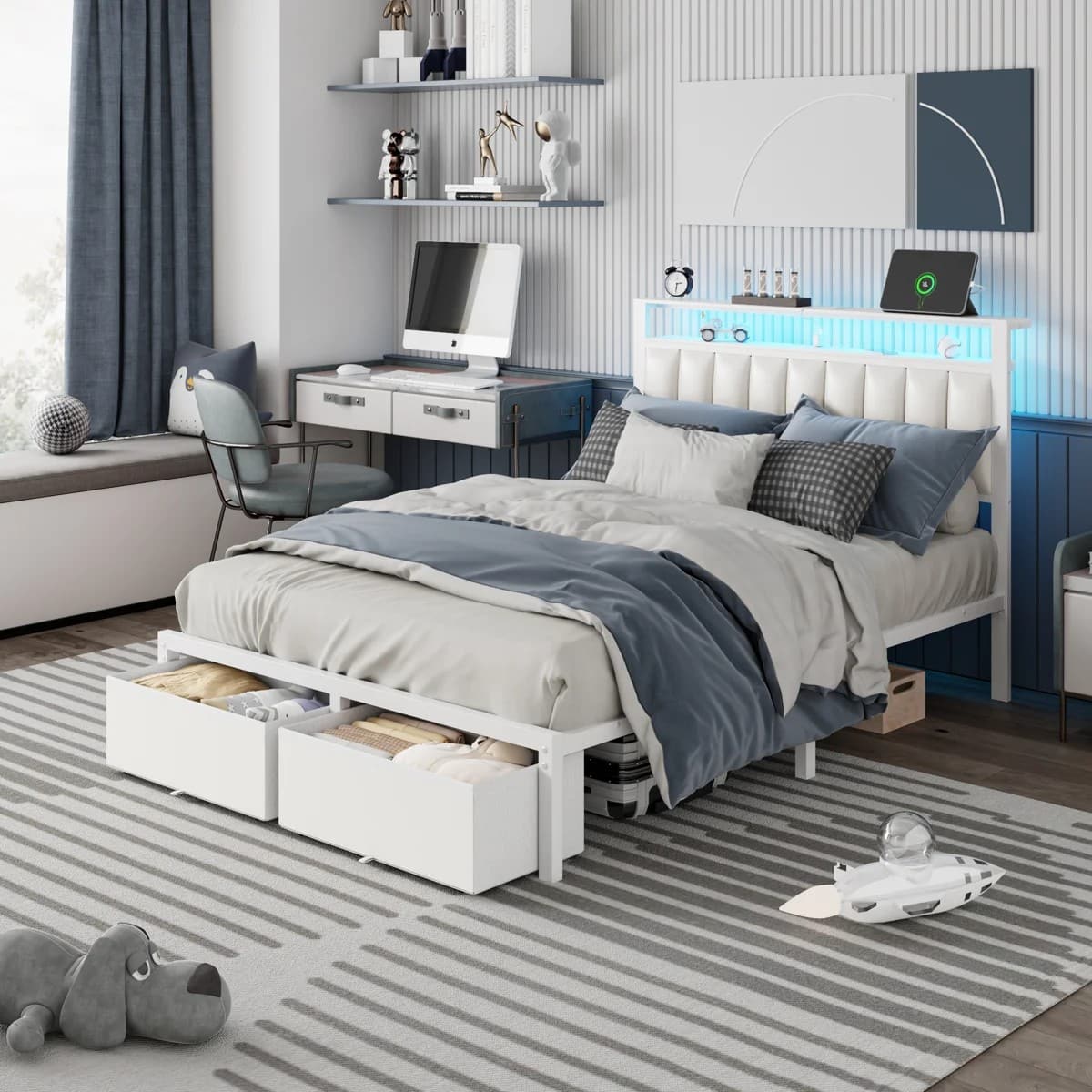 Furnulem - Bed Frame with PU Upholstered Headboard 2 Drawers Charging Station and LED Lights 2 Tier Shelf No Box Spring Needed - White PU Leather