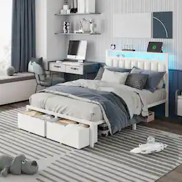 Furnulem - Bed Frame with PU Upholstered Headboard 2 Drawers Charging Station and LED Lights 2 Tier Shelf No Box Spring Needed - White PU Leather