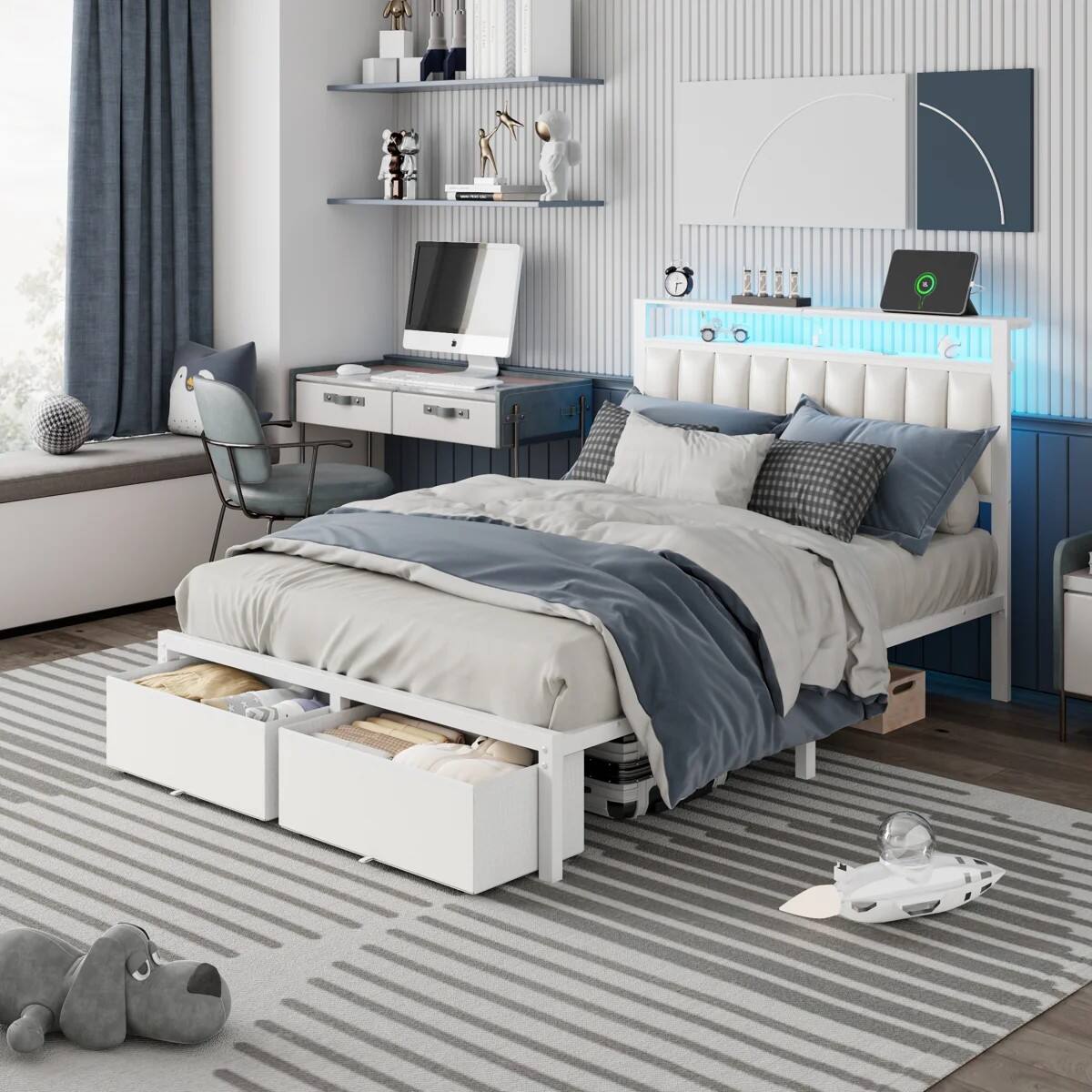 Front. Furnulem - Bed Frame with PU Upholstered Headboard 2 Drawers Charging Station and LED Lights 2 Tier Shelf No Box Spring Needed - White PU Leather.