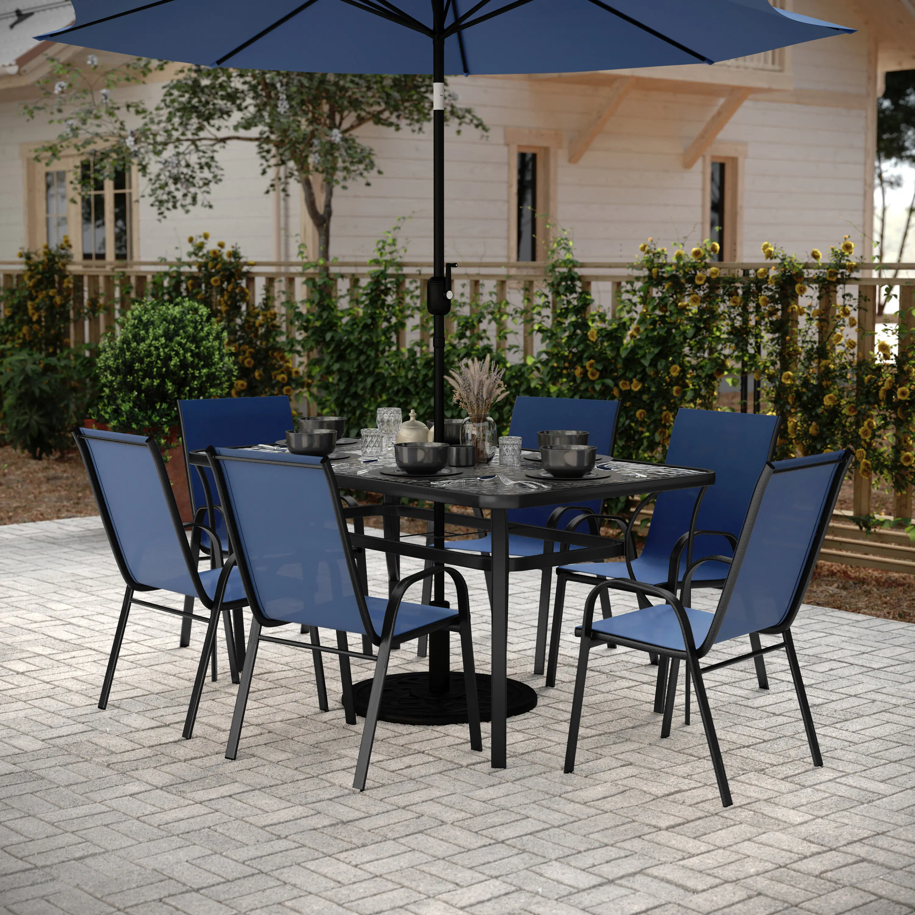 Angle. Flash Furniture - Brazos 7 Piece Commercial Grade Patio Dining Set with Tempered Glass Patio Table and 6 Chairs with Navy Flex Comfort Mat - Blue.