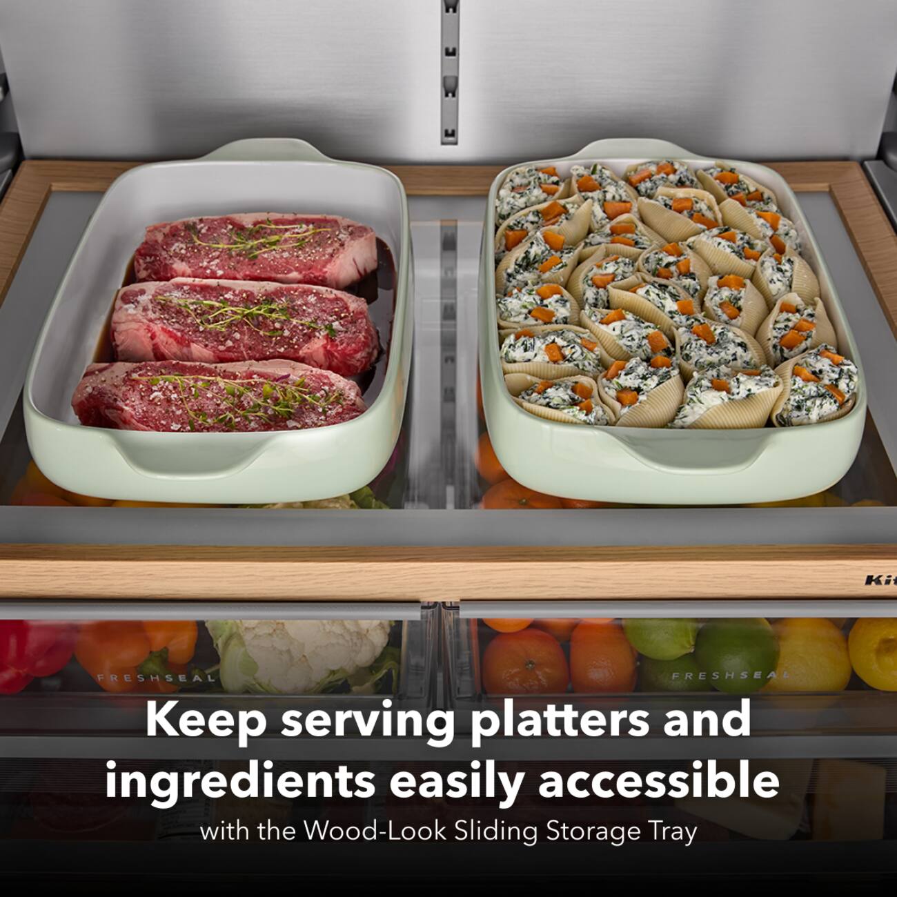 Keep serving platters and ingredients easily accessible with the Wood-Look Sliding Storage Tray