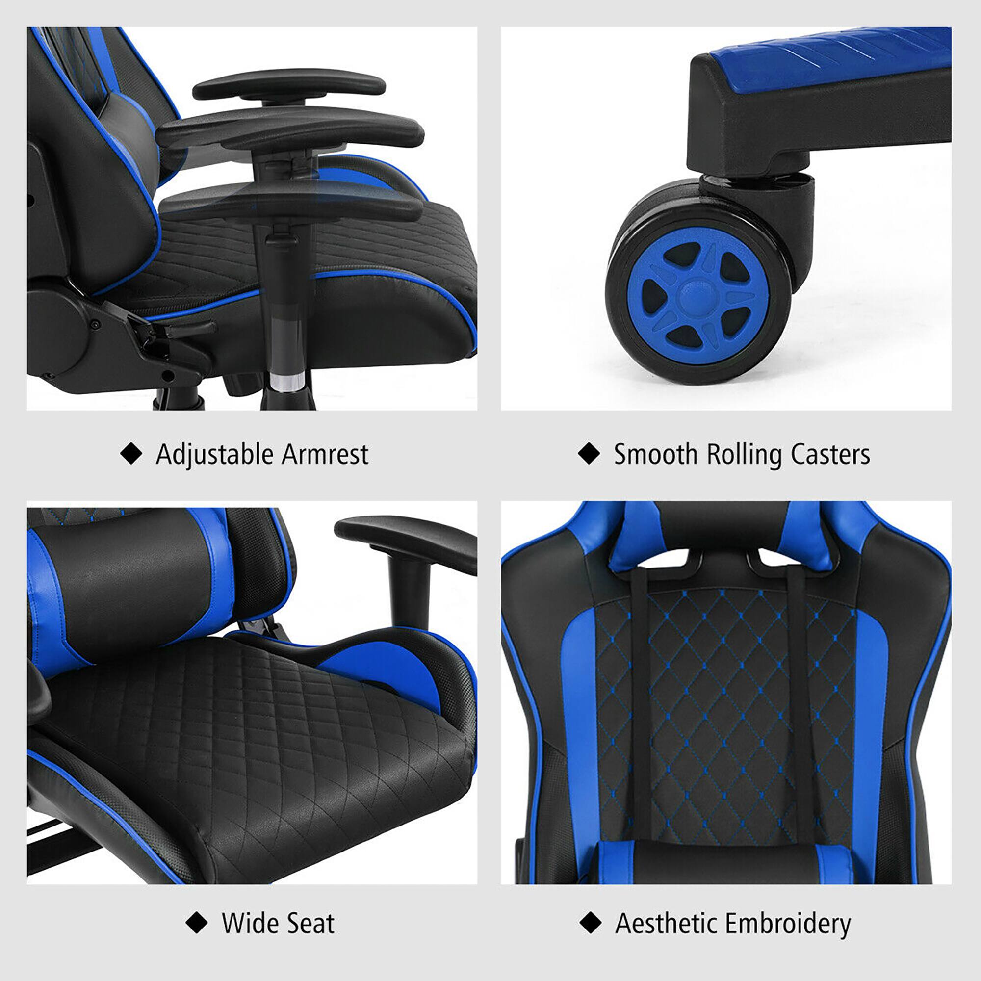 The text on the image is grouped as follows:

1. Adjustable Armrest
2. Smooth Rolling Casters
3. Wide Seat
4. Aesthetic Embroidery