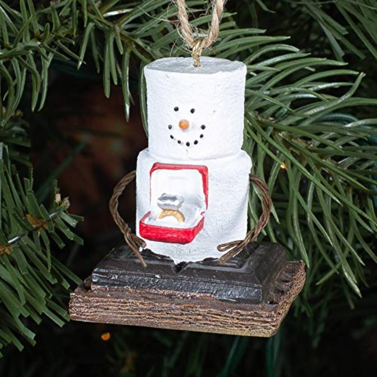 Angle. Ganz - Smores Marshmallow Snowman Man Presenting an Engagement Ring Christmas Ornament 2.4 inch - White.