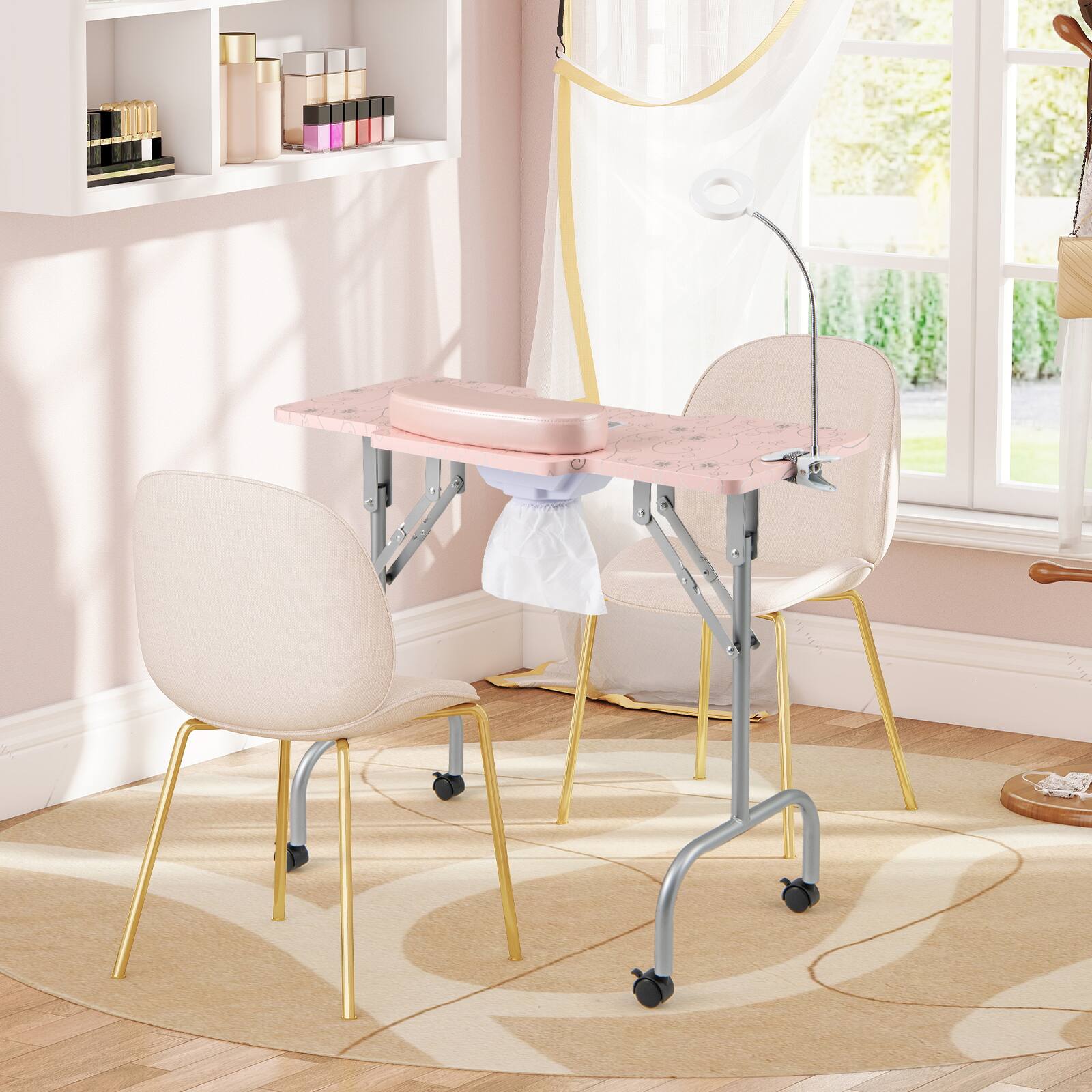 Alt View 1. Costway - Costway Folding Manicure Nail Table with Electric Dust Collector LED Lamp Carry Bag - Pink.