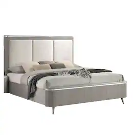 Manhattan Lane - Gema Queen Bed, Channeled Upholstery, Reeded w Silver Line - Light Gray, Silver