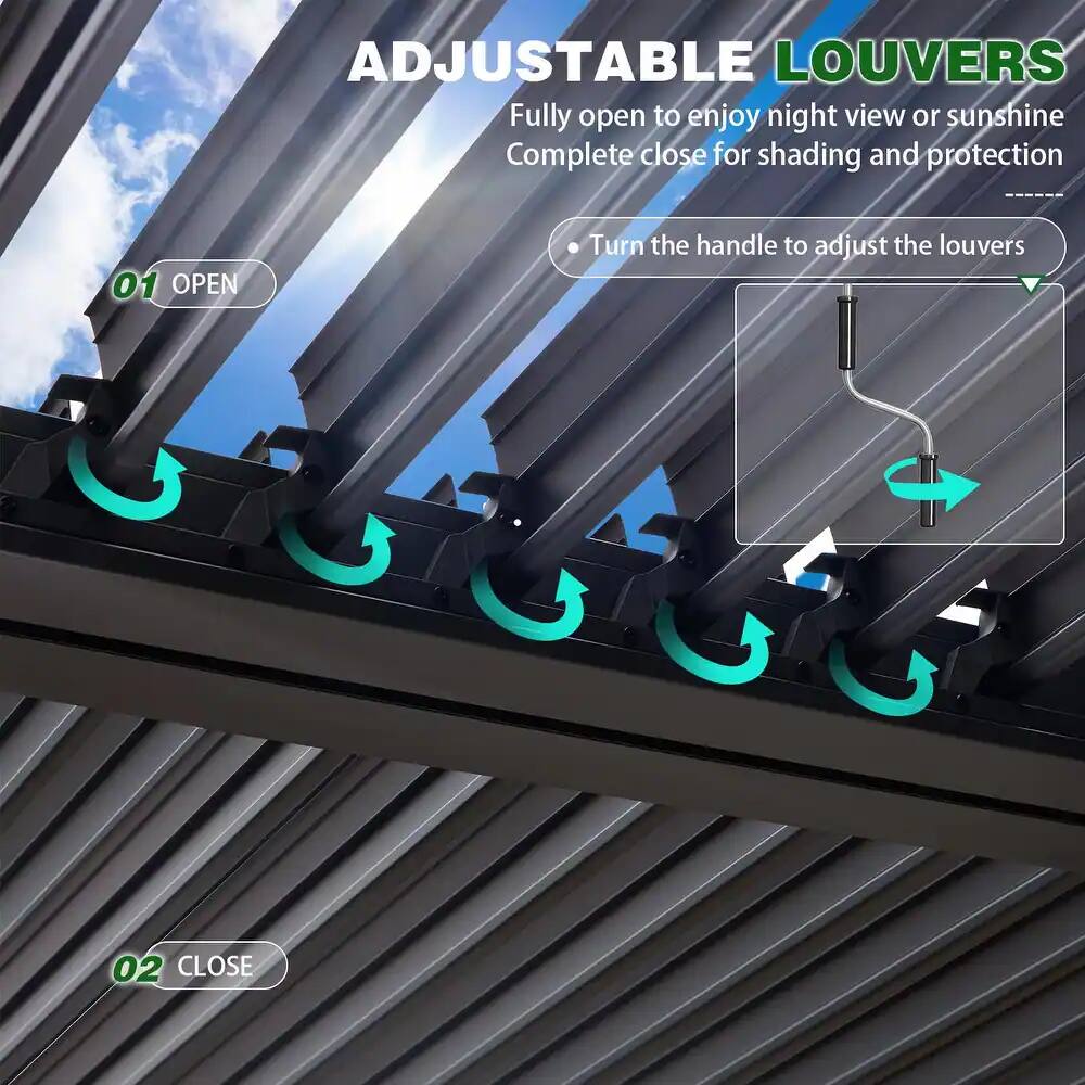 ADJUSTABLE LOUVERS
Fully open to enjoy night view or sunshine
Complete close for shading and protection
01 OPEN
Turn the handle to adjust the louvers
02 CLOSE