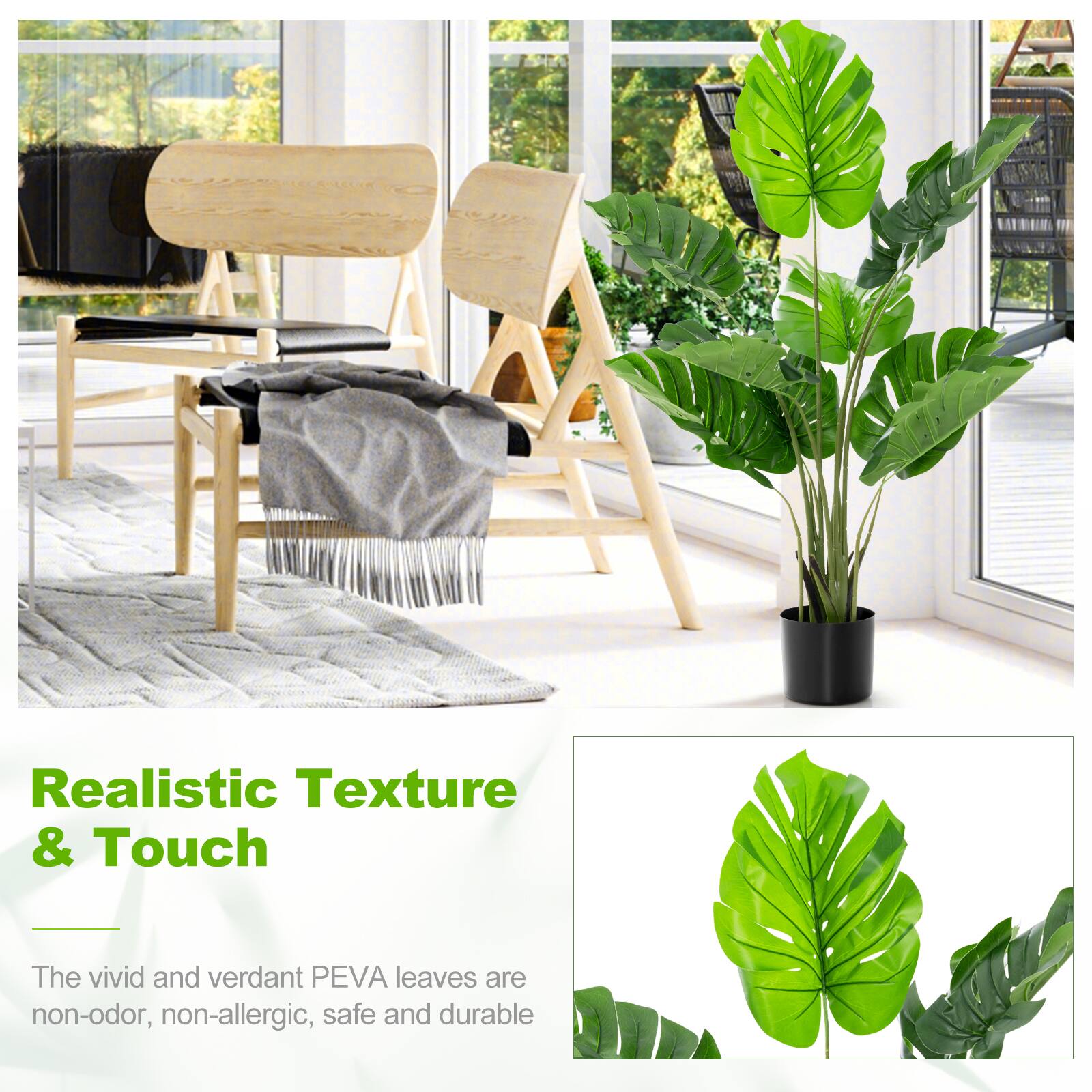 Realistic Texture & Touch

The vivid and verdant PEVA leaves are non-odor, non-allergic, safe, and durable.