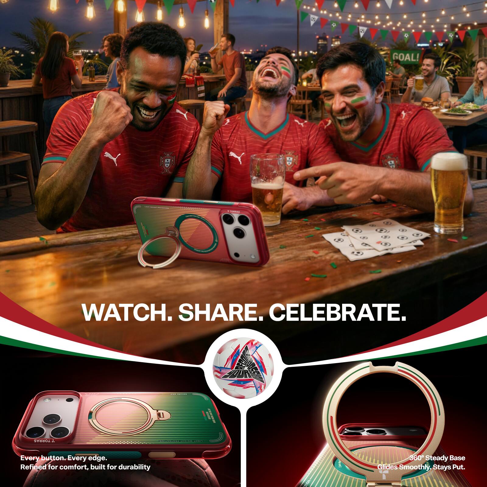 2 GOAL!  
WATCH. SHARE. CELEBRATE.  
Every button. Every edge. Refined for comfort, built for durability  
A 360° Steady Base Glides Smoothly. Stays Put.