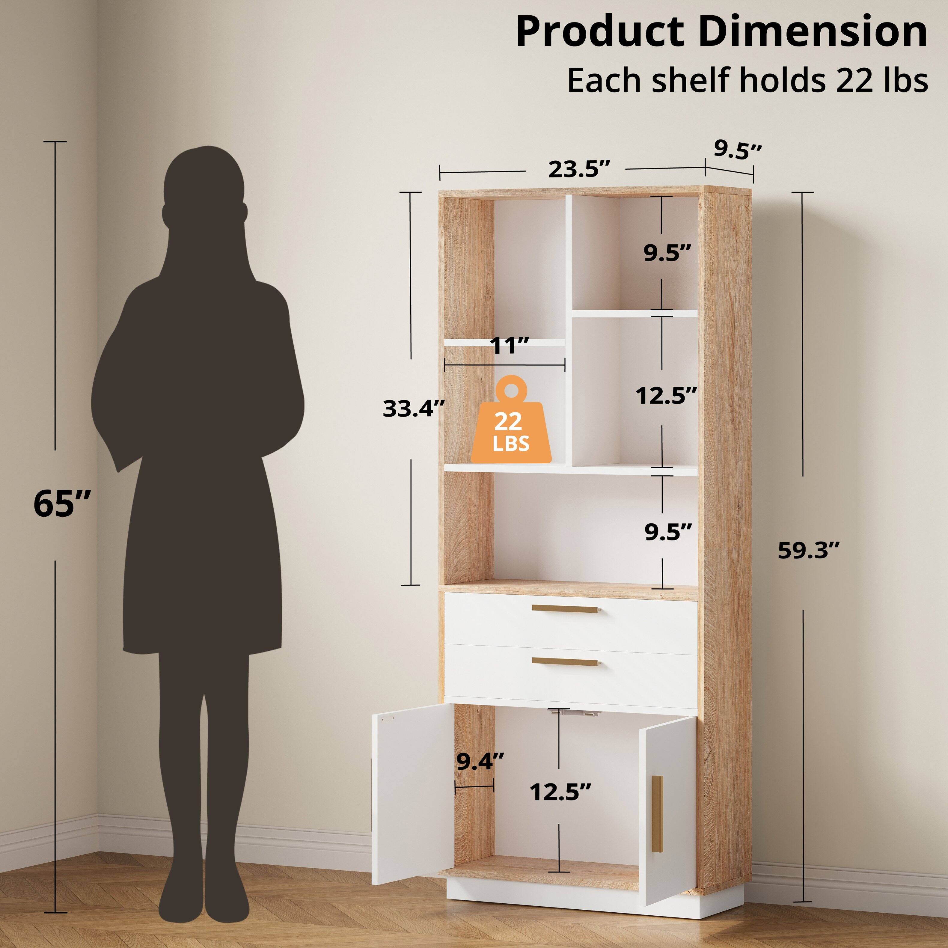Product Dimension  
Each shelf holds 22 lbs  

- 23.5"  
- 9.5"  
- 11"  
- 12.5"  
- 9.5"  
- 9.5"  
- 12.5"  
- 9.4"  
- 12.5"  

- 65"  
- 59.3"  
- 33.4"