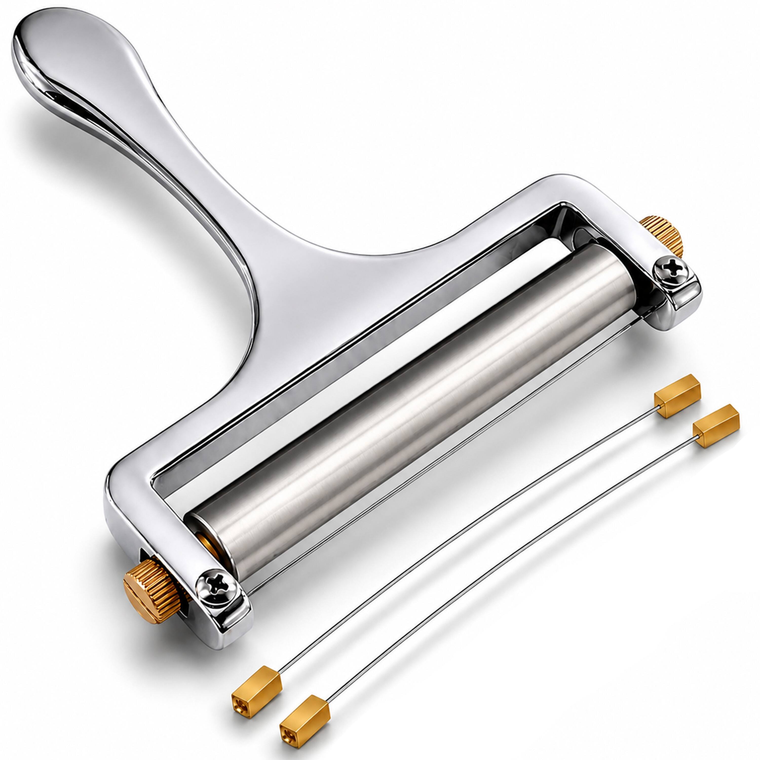 Front. Luminuxe - Cheese Slicer for Block Cheese - Stainless Steel Wire, Adjustable Thickness Cheese Cutter for Mozzarella Cheddar Gruyere - Silver.