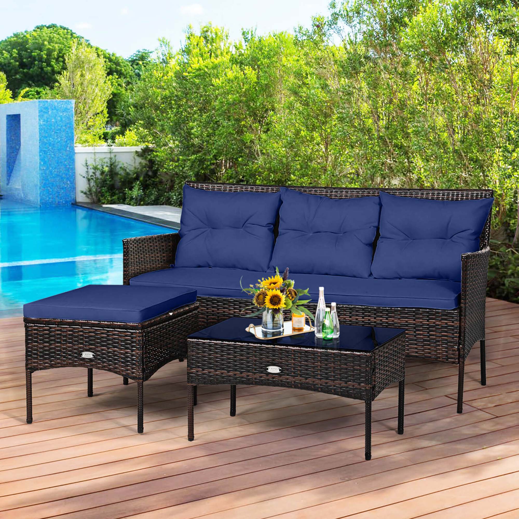 Alt View 4. Costway - 3PCS Patio Rattan Furniture Set 3-Seat Sofa Cushioned Table Garden - Mix Brown,Navy.