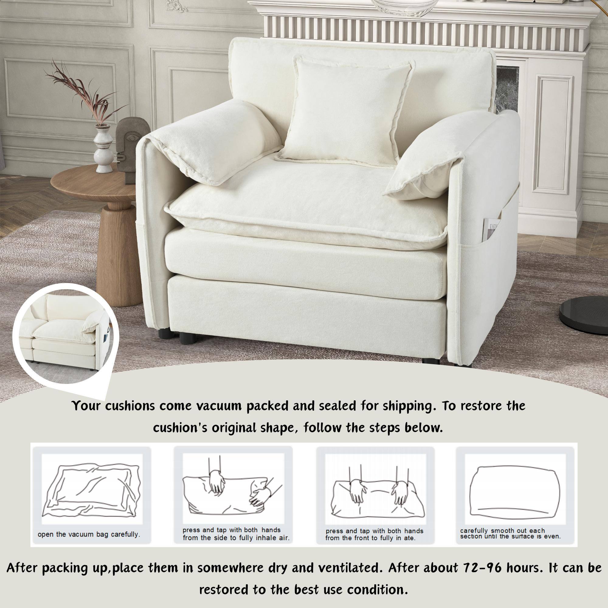 Your cushions come vacuum packed and sealed for shipping. To restore the cushion's original shape, follow the steps below:

1. Open the vacuum bag carefully.
2. Press and tap with both hands from the side to fully inhale air.
3. Press and tap with both hands from the front to fully inflate.
4. Carefully smooth out each section until the surface is even.

After packing up, place them in somewhere dry and ventilated. After about 72-96 hours, it can be restored to the best use condition.