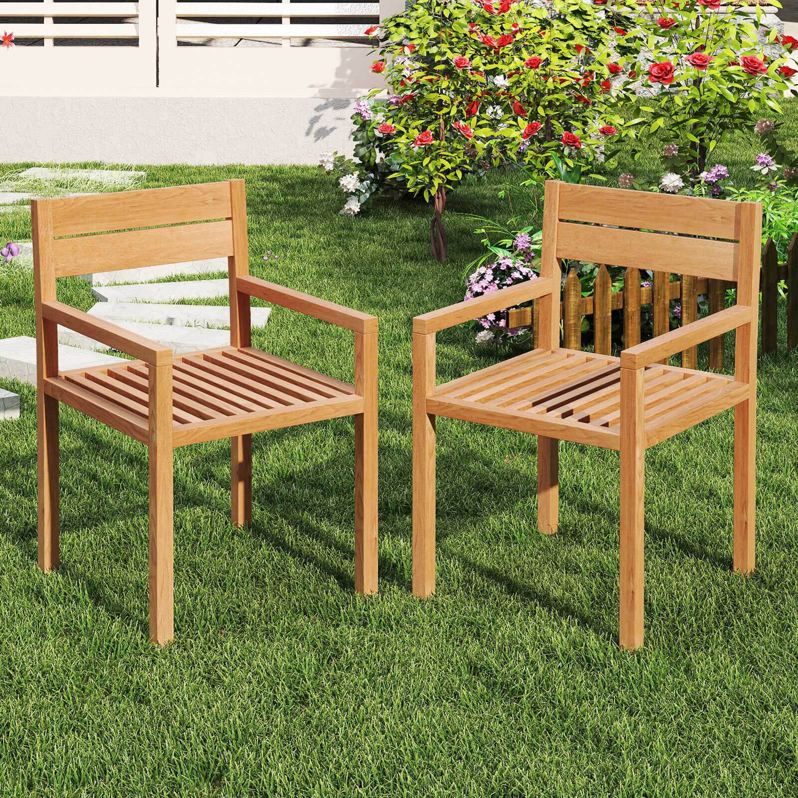 Alt View 1. Costway - Costway 1 PCS Outdoor Teak Wood Chair Patio Dining Armchair with Slatted Seat & Backrest - Natural.