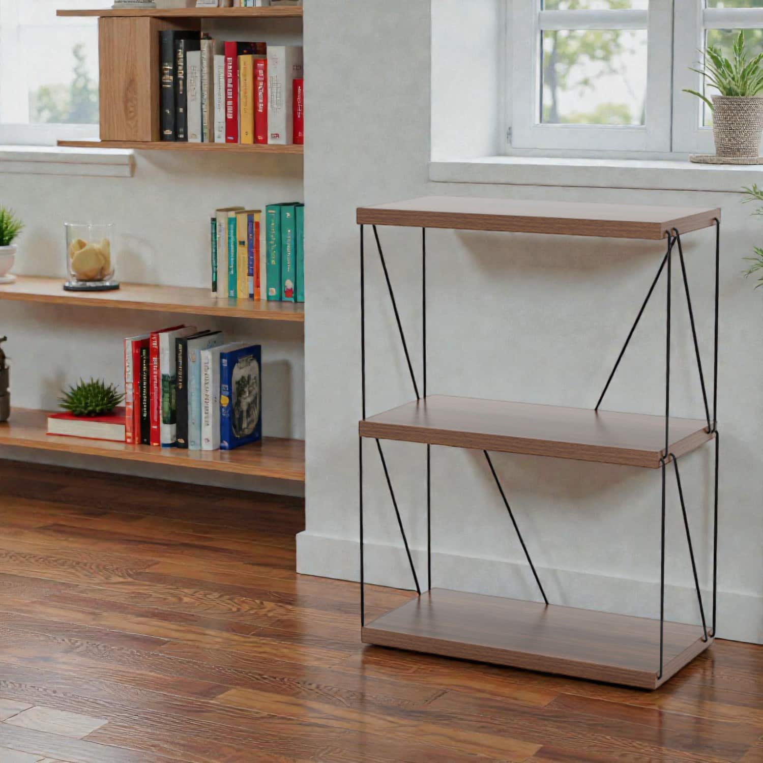 Hivvago - Contemporary Metal Frame Storage and Display Shelf Designs - 3 Tier (32 Inches) - Walnut