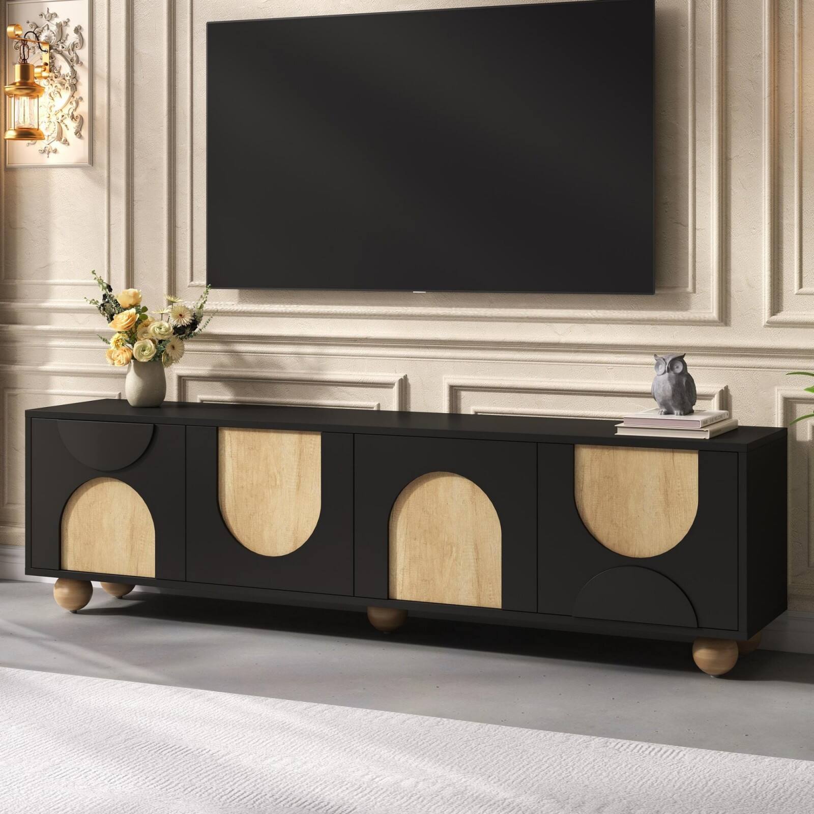 Alt View 1. Ecooso - Farmhouse TV Stand with Cable Holes for TVs up to 75",Rebound Device, 5 Solid Wood Legs for Living Room, Bedroom - Black.