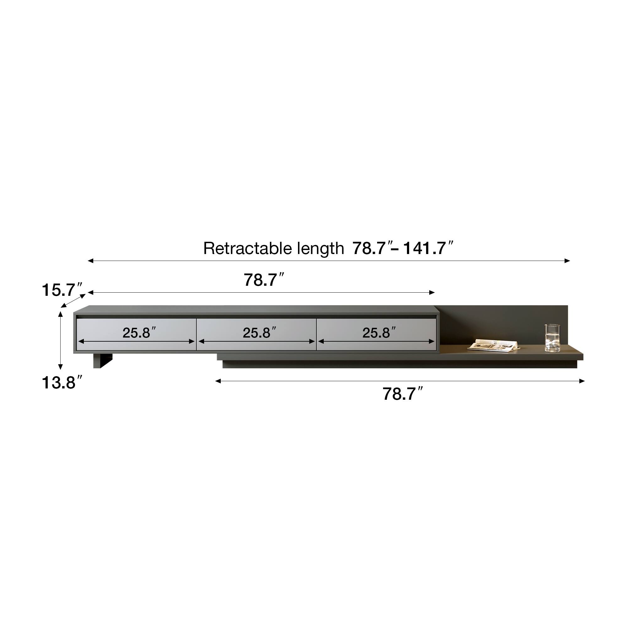 Retractable length: 78.7" - 141.7"

15.7"  
13.8"  
78.7"  
25.8"  
25.8"  
25.8"