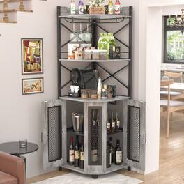 Aheaplus - Industrial 5-Tiers Corner Bar/Wine/Liquor Cabinet with Power Outlet, LED Strip & Glass Holder for Home Small Space - White Oak
