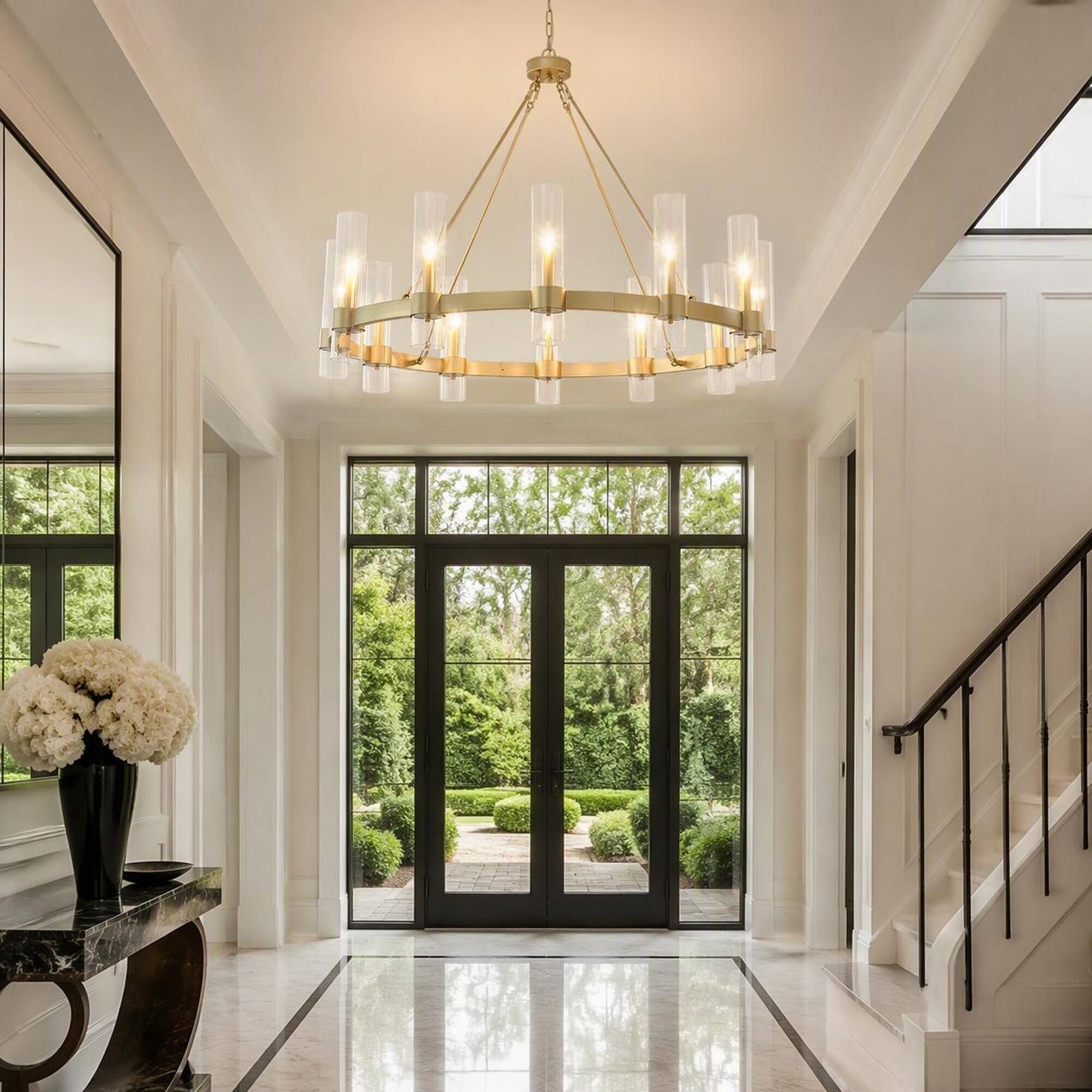 Alt View 1. RYHNUYNE - 39.4-Inch Gold Wagon Wheel Chandelier, 12-Light Pendant with Seeded Glass Shades, Adjustable Chain for Dining Room.