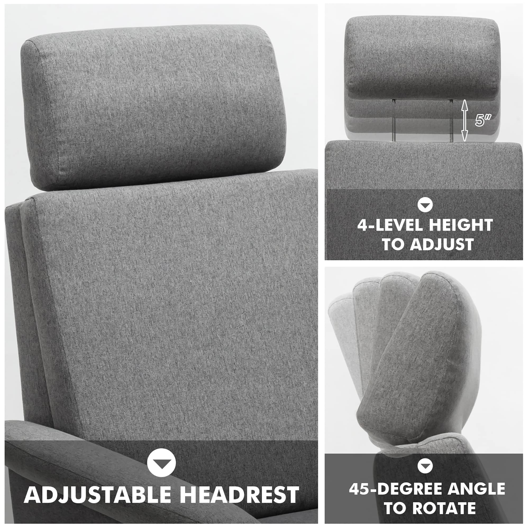 The image shows a chair with an adjustable headrest, which can be moved up or down to adjust the height. The headrest can also be rotated at a 45-degree angle, allowing for added comfort and support.