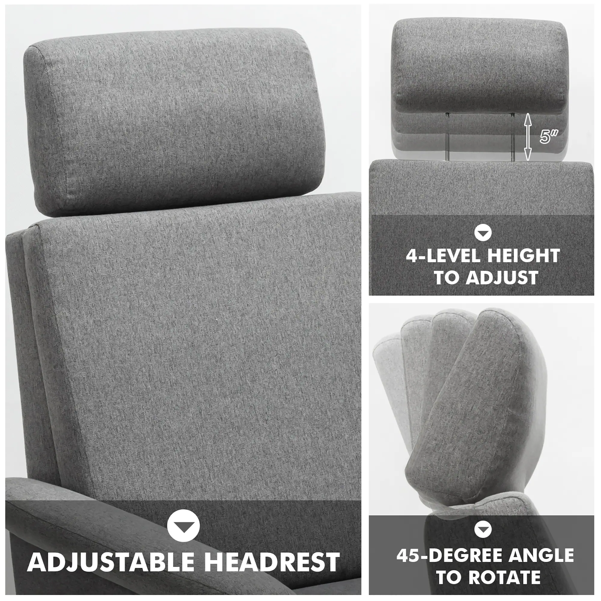 The image shows a chair with an adjustable headrest, which can be moved up or down to adjust the height. The headrest can also be rotated at a 45-degree angle, allowing for added comfort and support.