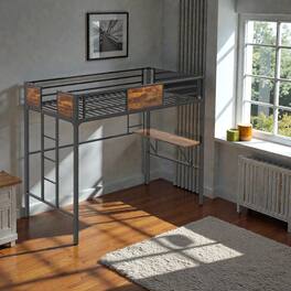Hivvago - Twin Loft Bed Frame in Metal with Storage Rack and Integrated Ladder - Rustic Brown, Black
