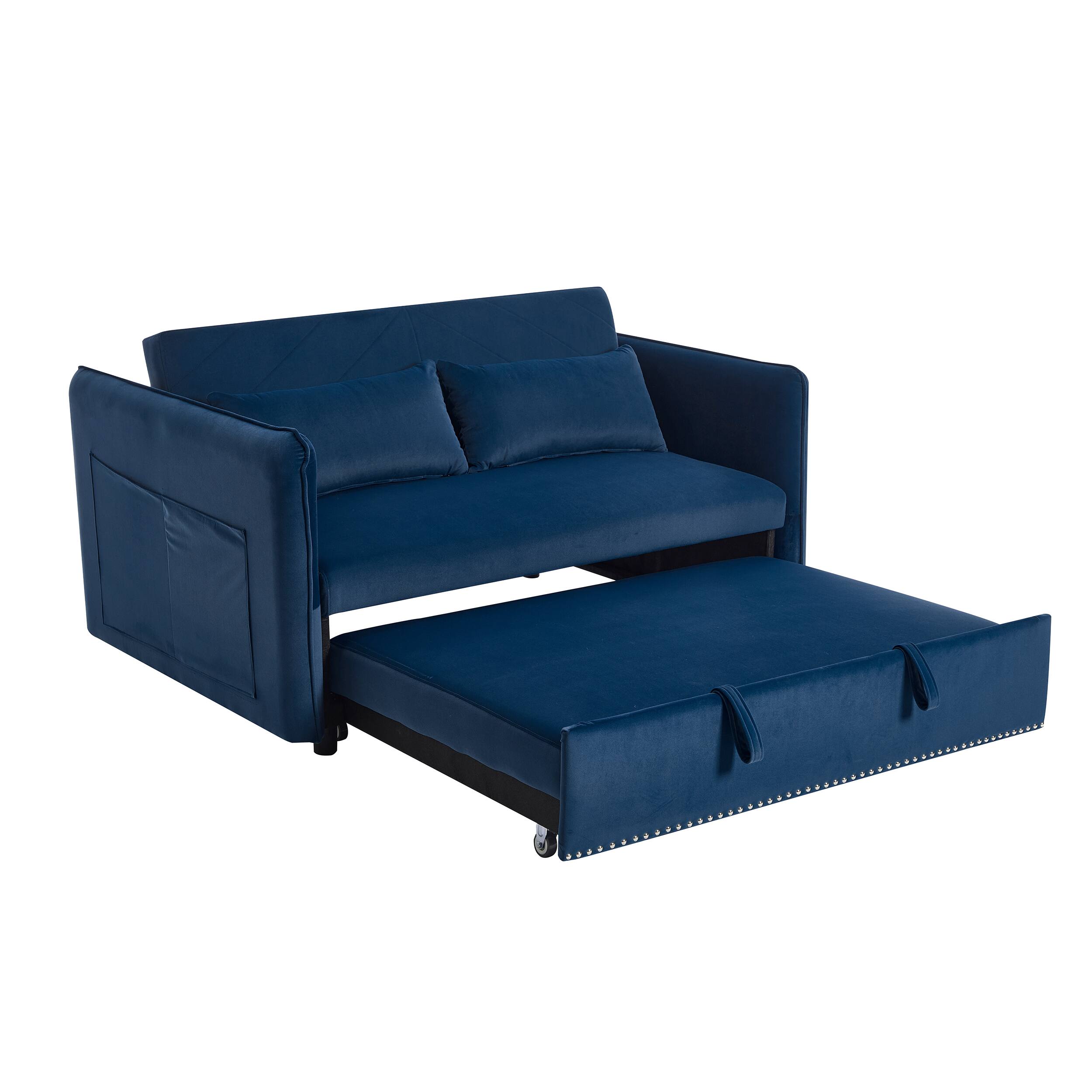 Alt View 4. Tiramisubest - 3 in 1 Convertible Sleeper Futon Sofa Bed,55" Velvet Loveseat with 2 Pillows,Reclining Backrest & Side Pockets,Blue - Blue.