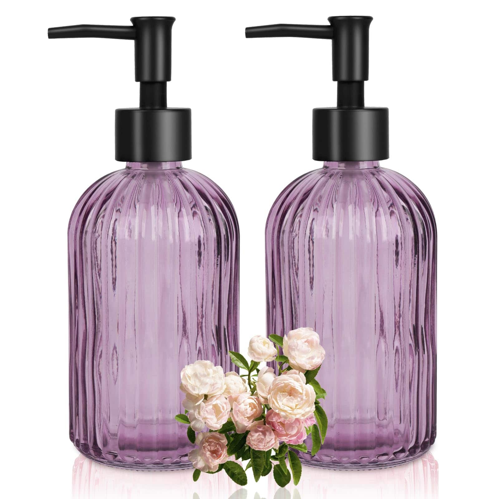 Dapper Styles - Glass Soap Dispenser With Pump Hand For Wash Lotion Dishwashing Liquid Shower Gel - Striped Purple