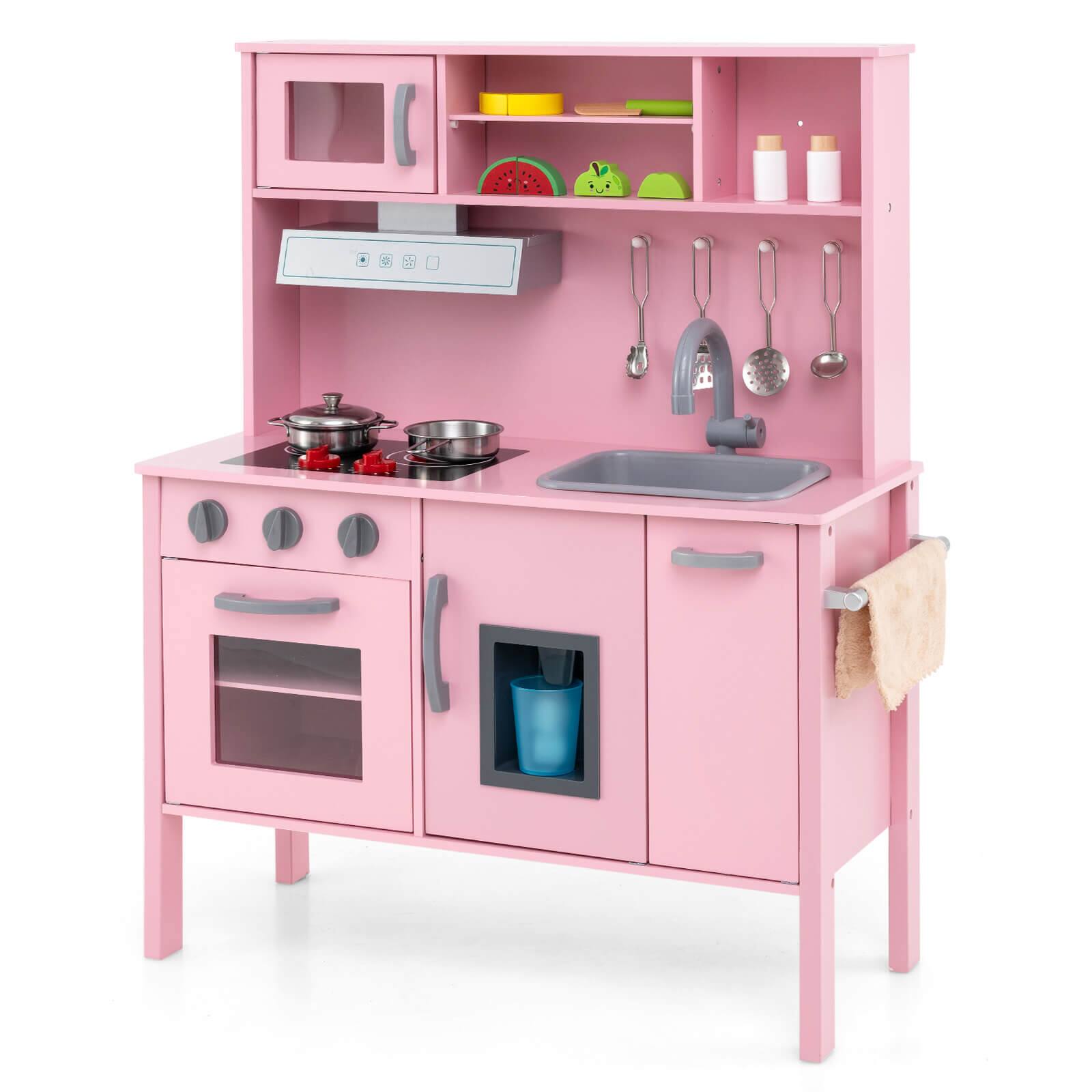 Alt View 10. Costway - Costway Kids Kitchen Playset Wooden Pretend Play Chef Toy with Microwave & Accessories - Pink.