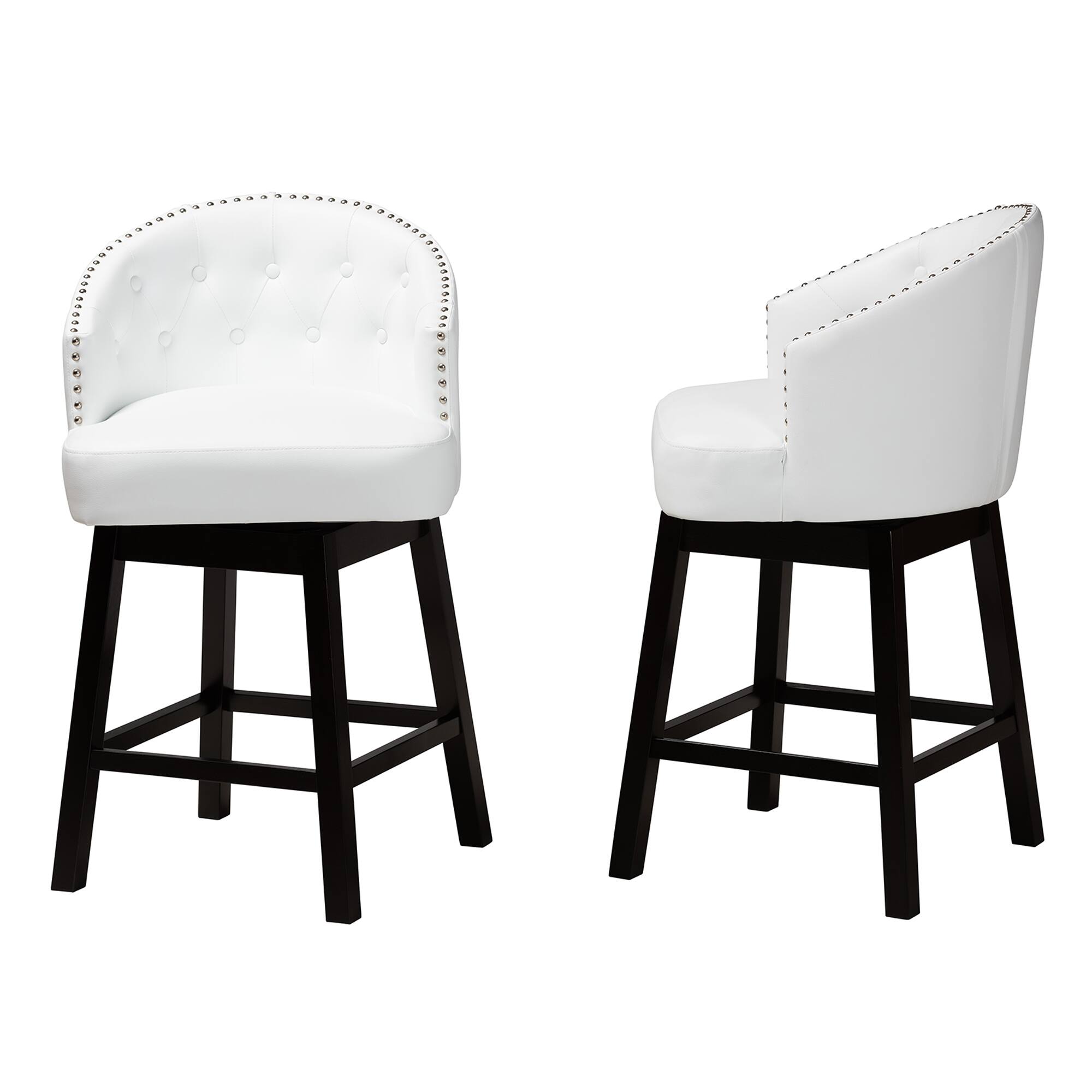 Left. Baxton Studio - Theron Mid-Century Transitional Faux Leather and Espresso Finished Wood 2-Piece Swivel Counter Stool Set - White/Espresso Brown.