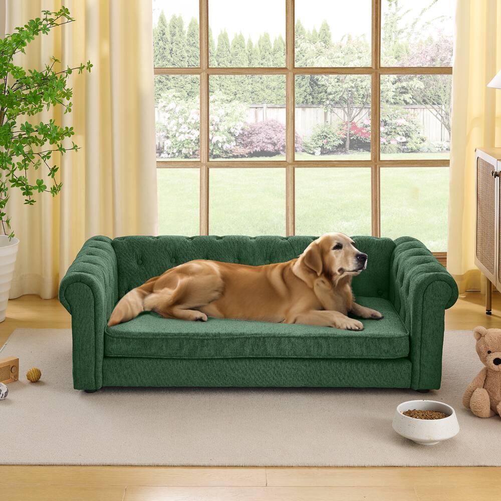 Angle. APRILSOUL - Elegant rectangular pet bed for big and oversized dogs linen fabric dog sofa OLIVE GREEN - Olive Green.