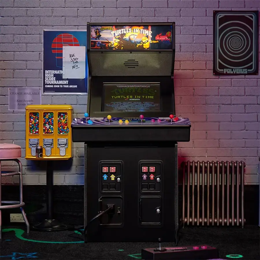The image features a Turtles in Time arcade machine, which is a popular video game. The machine is situated in an arcade, surrounded by other arcade games. There is a poster on the wall advertising the upcoming high score tournament for the game. The arcade also has a jukebox, adding to the overall atmosphere of the gaming environment.